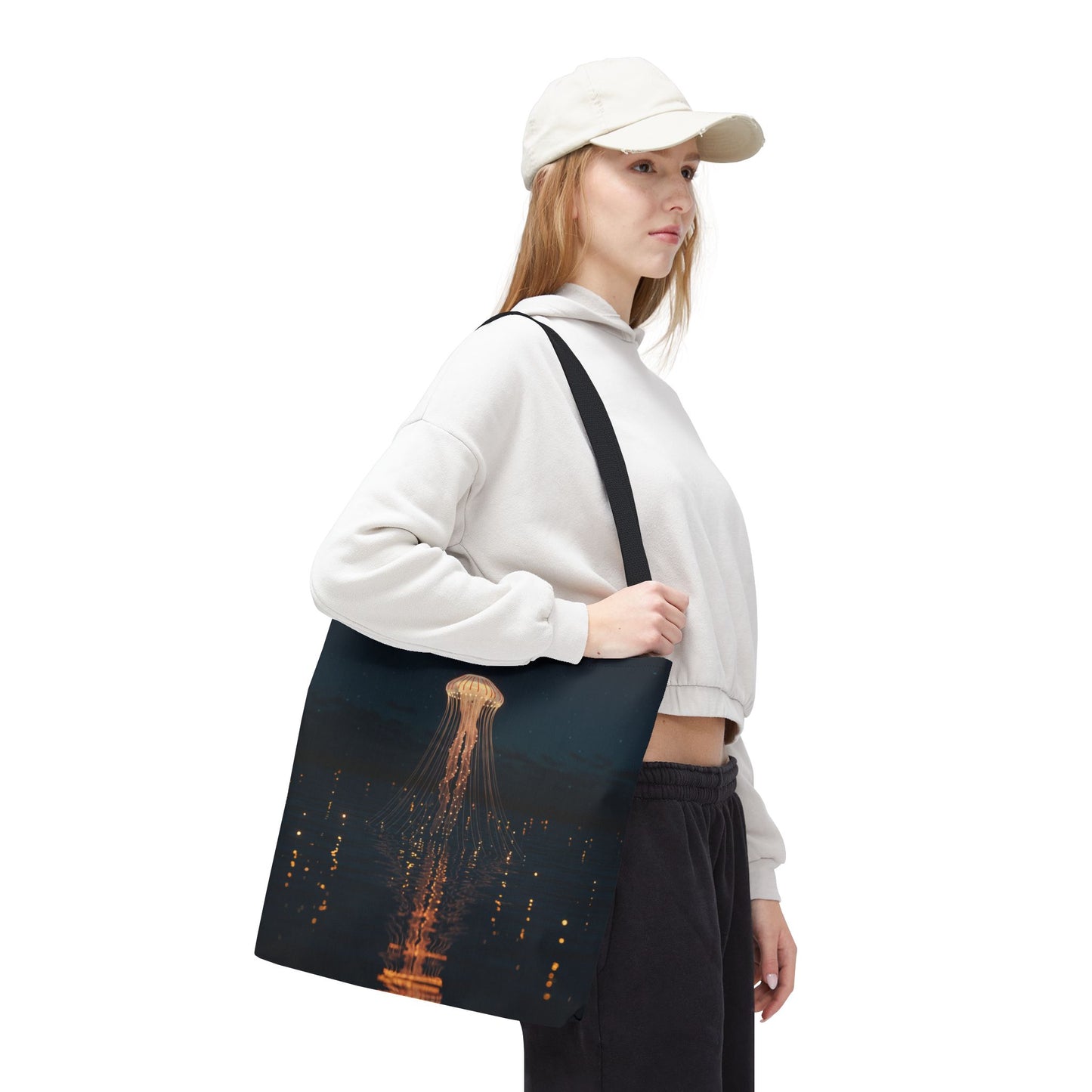Luminous Jellyfish Tote Bag, Glow-Inspired Ocean Design Shoulder Bag, Durable Polyester Tote For Everyday Style, Gifts, And Coastal Fashion