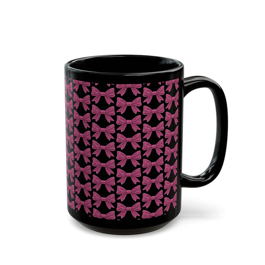 Mug with Sparkling Pink Bow Pattern Feminine Cup Unique Decor Black Pink Kitchen Mug