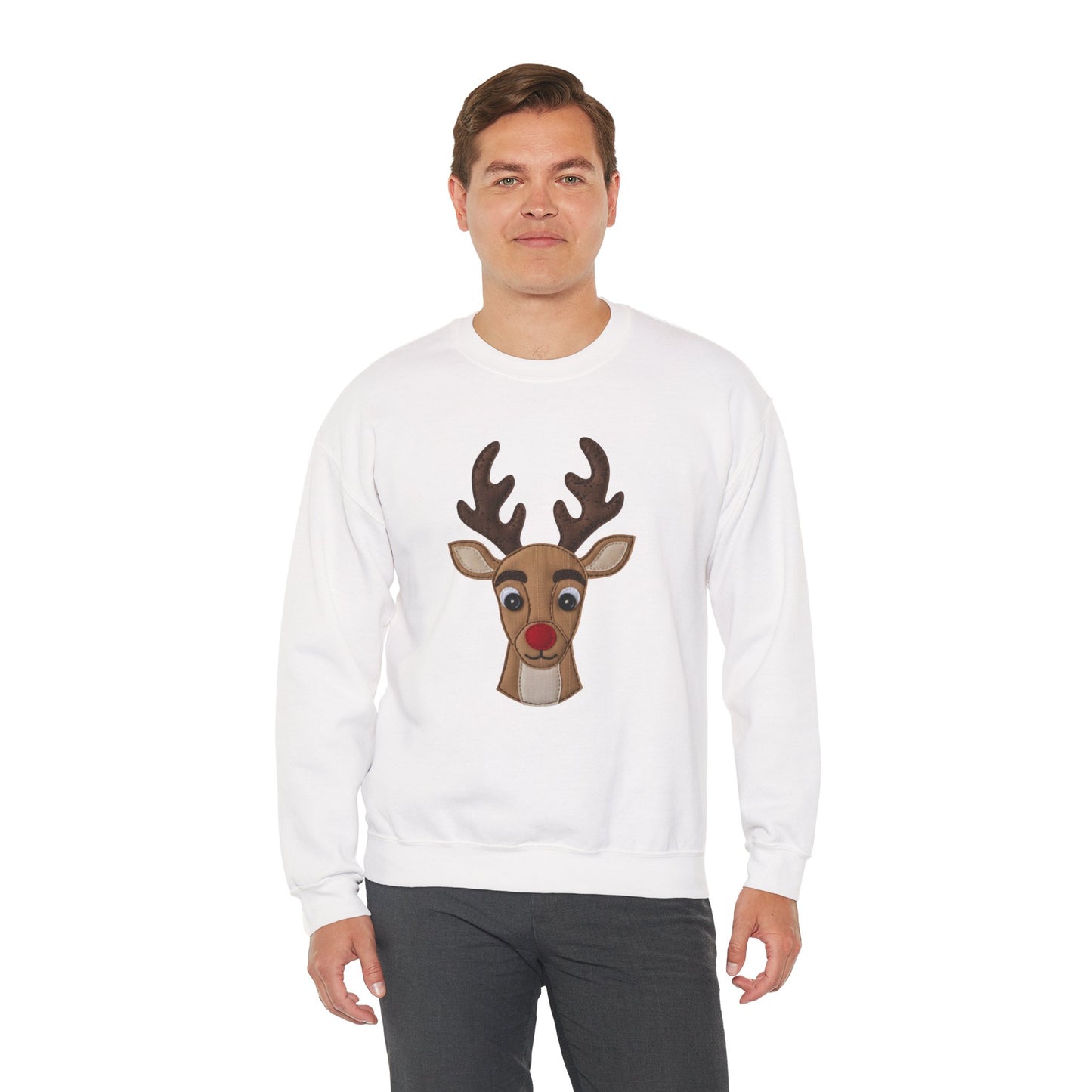 Faux Patchwork Rudolph Sweatshirt, Cute Reindeer Christmas Crewneck, Cozy Holiday Pullover, Winter Reindeer Sweater, Xmas Gift for Women
