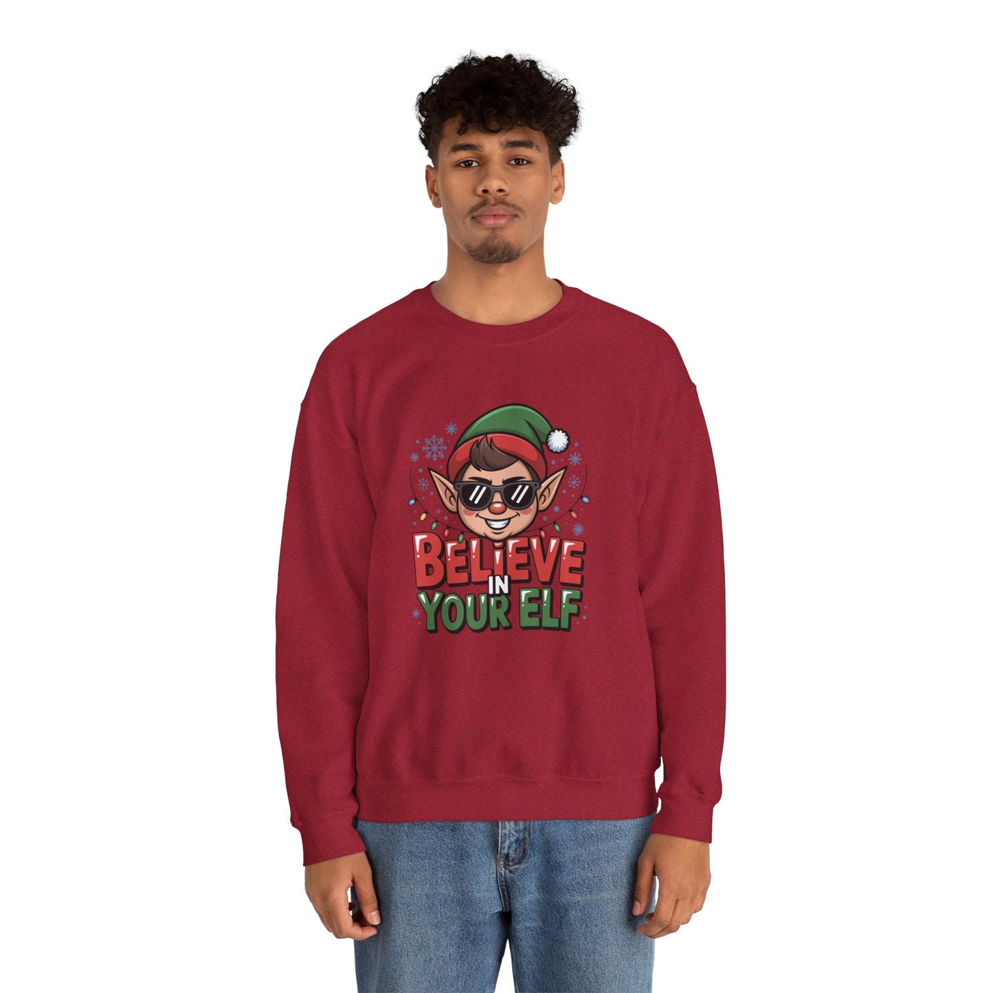 Believe In Your Elf Christmas Sweatshirt, Funny Elf Holiday Sweater, Unisex Christmas Crewneck, Festive Gift For Friends And Family