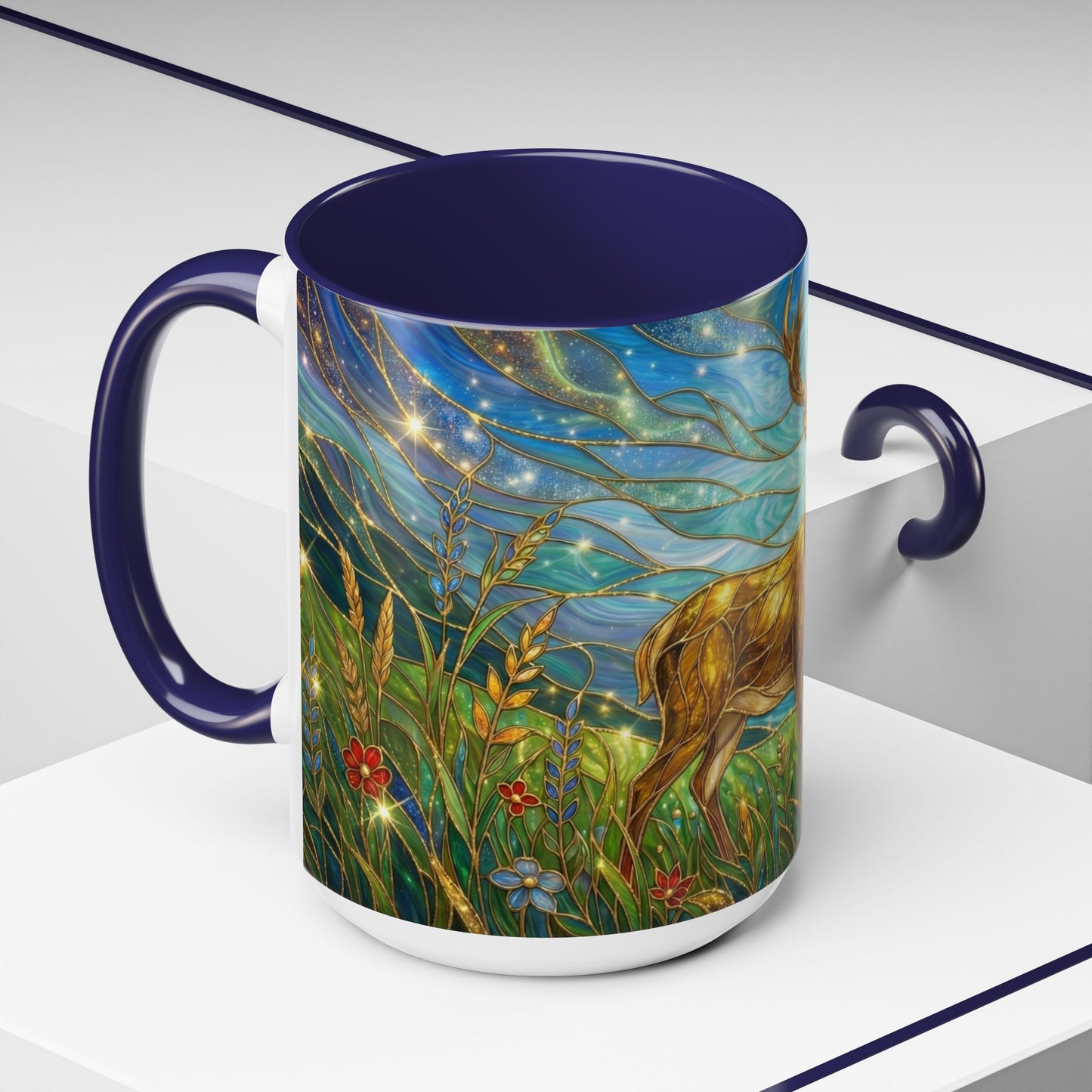 Stained Glass Deer Mug, Woodland Art Coffee Cup, Nature Forest Mug, Blue Green Gold Glass Style Mug, Gift For Nature Lovers Decor