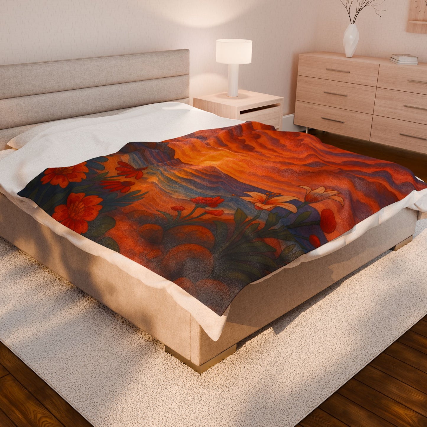 Sunset Floral Blanket – Cozy Beach Sunset Throw with Flowers | Colorful Velveteen Plush Blanket for Couch, Bed, or Gift
