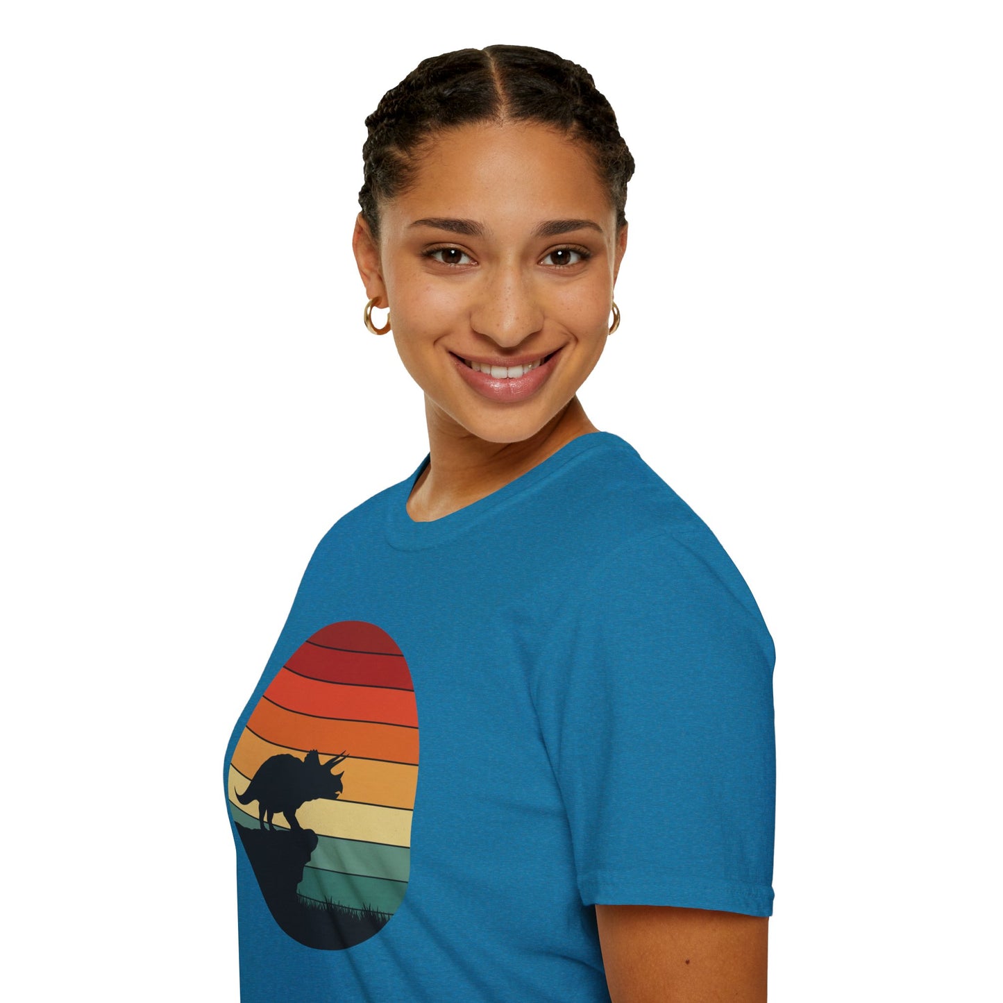 Retro Triceratops Sunset T-Shirt - Vintage Dino Graphic Tee - Unisex Softstyle Dinosaur Shirt - Nature and Prehistoric Lover Gift
