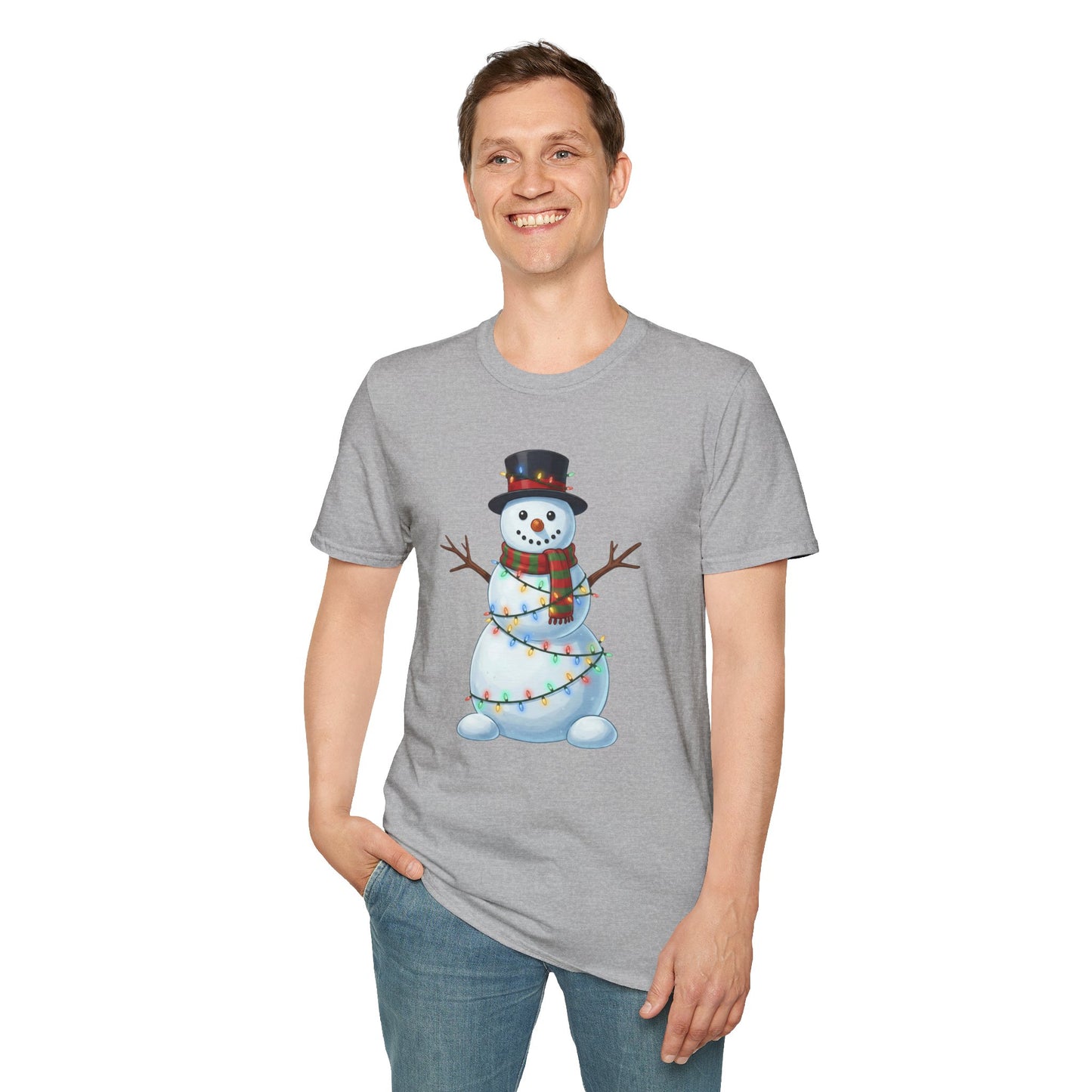 Cute Snowman Christmas Shirt, Snowman Wrapped in Christmas Lights Tee, Holiday Winter Snowman Top Hat Shirt, Funny Cozy Christmas T Shirt