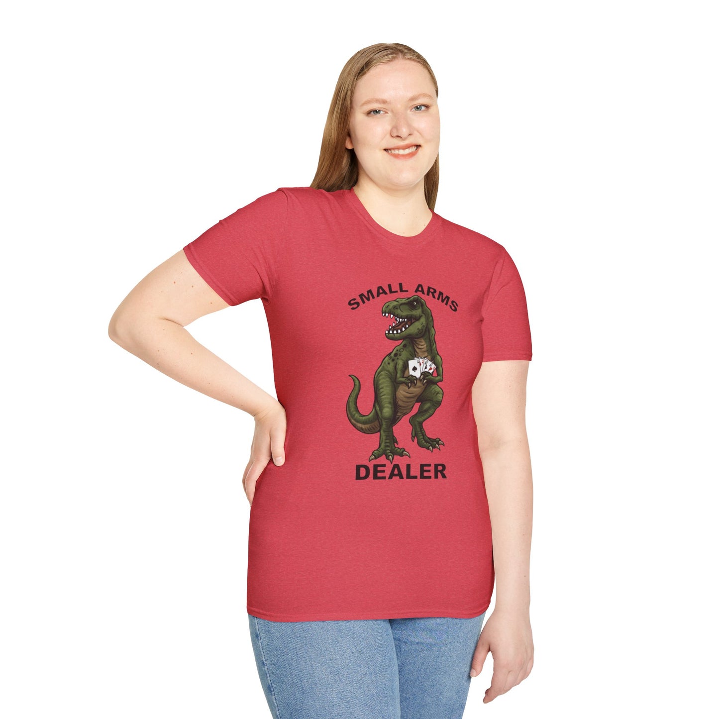 Funny Small Arms Dealer T-Rex Shirt, Dinosaur Pun Tee, Hilarious Graphic T-Shirt for Men & Women, Great Gift for Dad, Friend, or Coworker