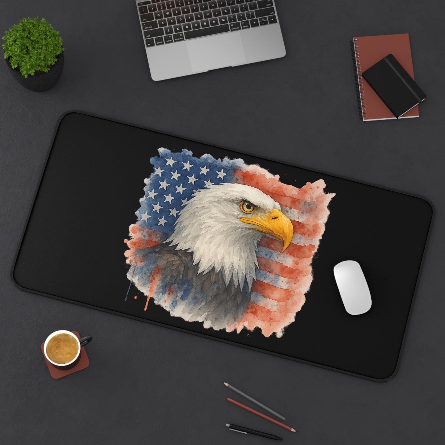 Mouse Pad Desk Mat with Bald Eagle and American Flag Watercolor Painting Patriotic Decor Independence Day Mat 4th of July Mouse Pad