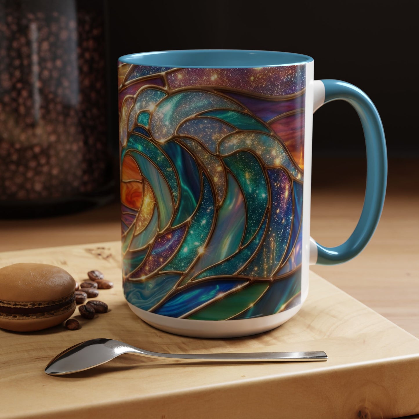 Stained Glass Wave Mug, Cosmic Ocean Coffee Cup, Celestial Sunrise Tea Mug, Surfer Beach Decor Gift, Starry Sea Art, Ocean Lover Cup