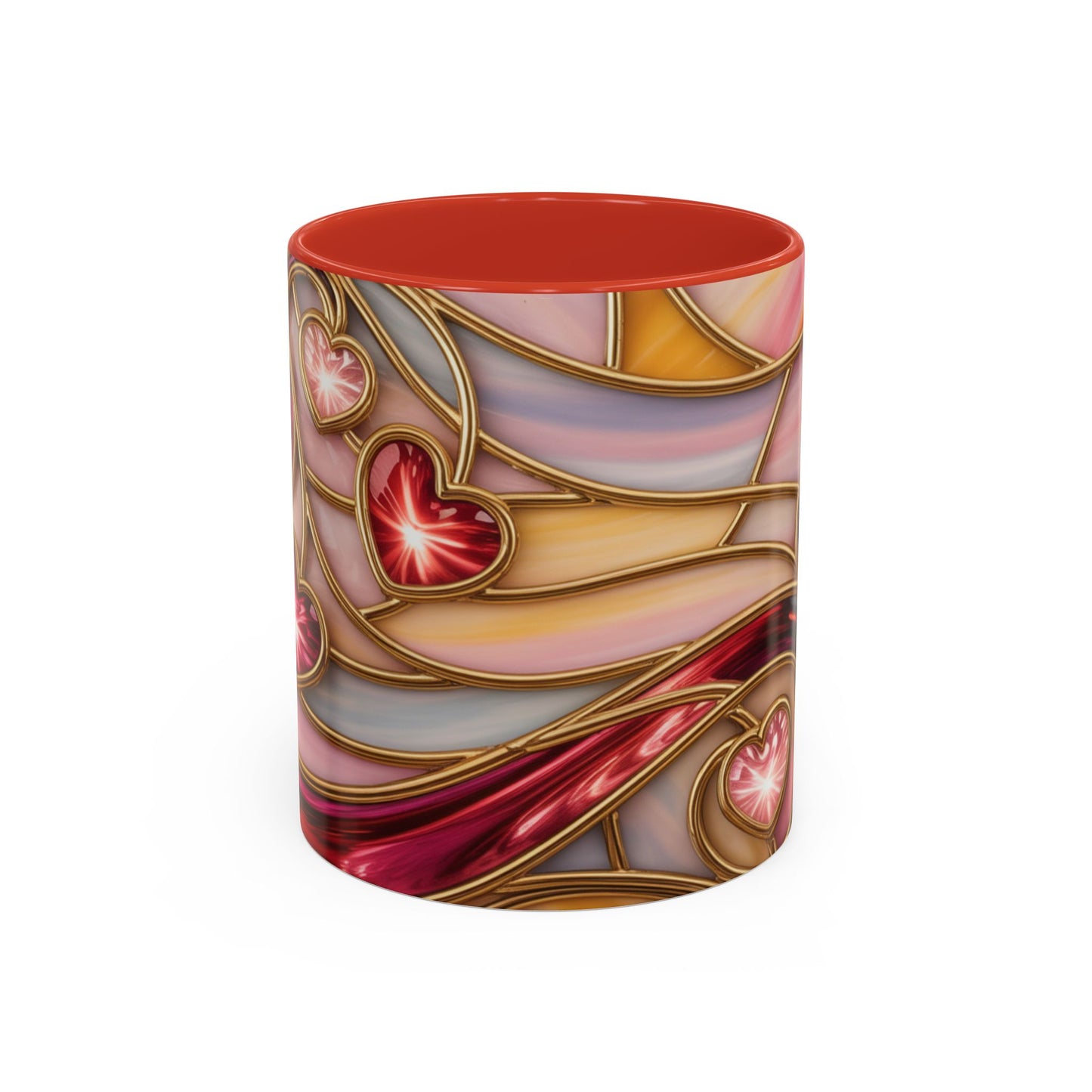 Stained Glass Heart Mug, Romantic Love Coffee Cup, Pink Red Gold Glass Style Mug, Valentine Gift For Her, Anniversary Wedding Decor