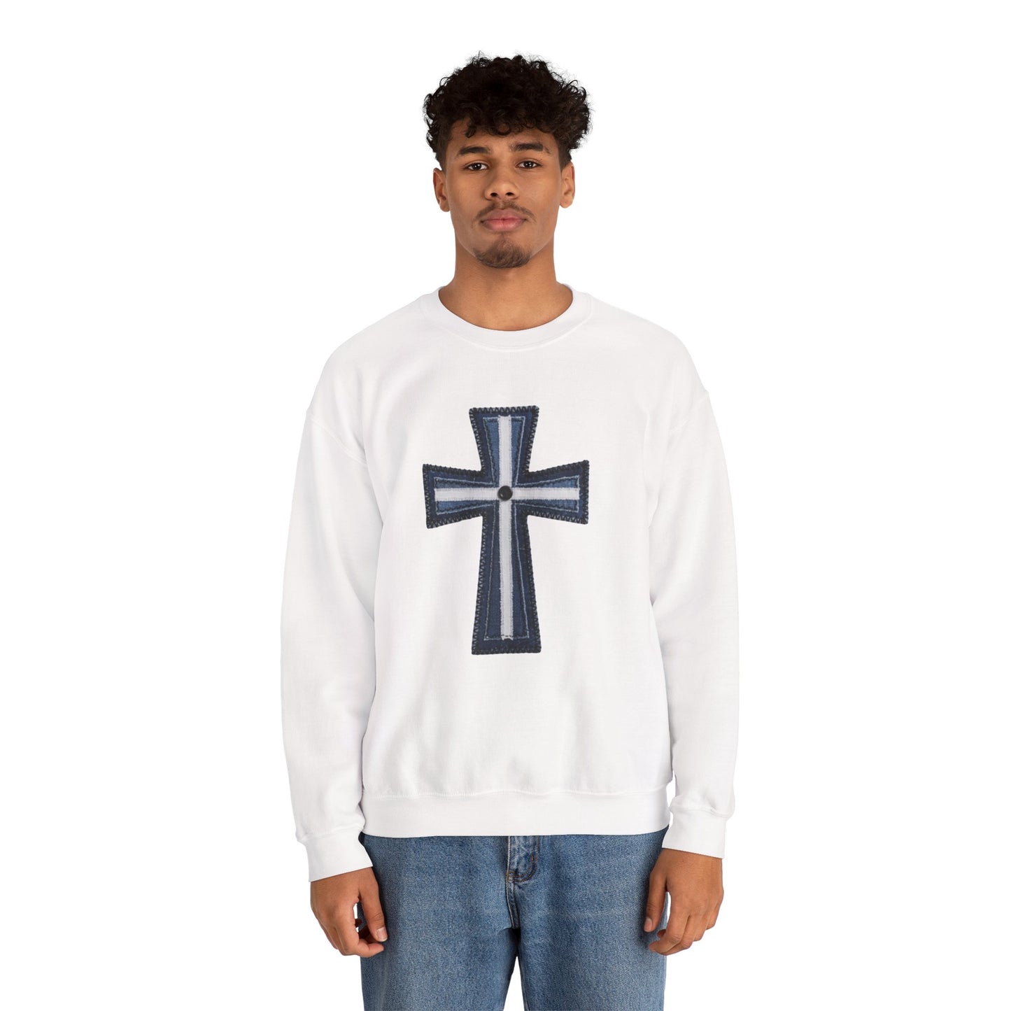Faux Patchwork Cross Sweatshirt, Christian Patchwork Style Crewneck, Faith Gift for Women Men, Rustic Cross Sweatshirt, Religious Xmas Gift