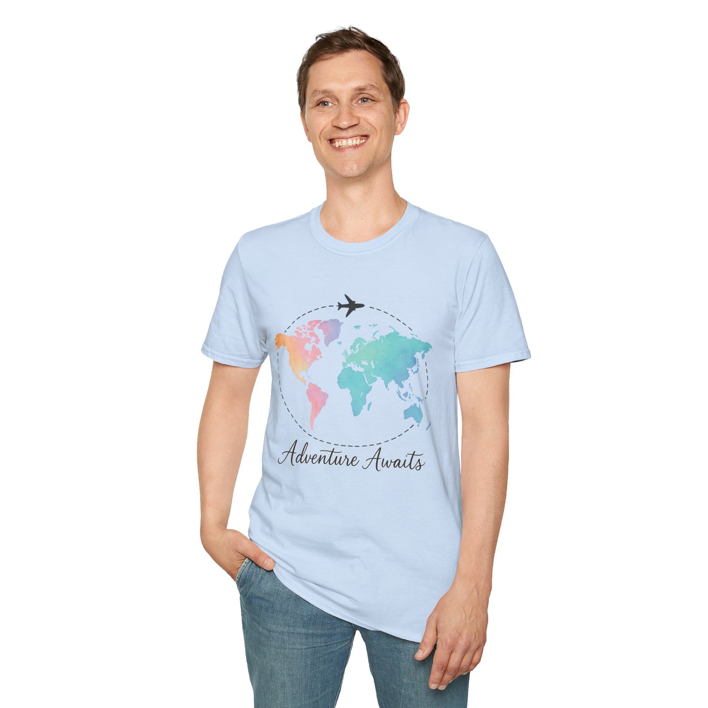 Adventure Awaits Travel Shirt | Watercolor World Map Tee for Women and Men | Wanderlust Gift for Travelers, Hikers, Campers, Beach Lovers