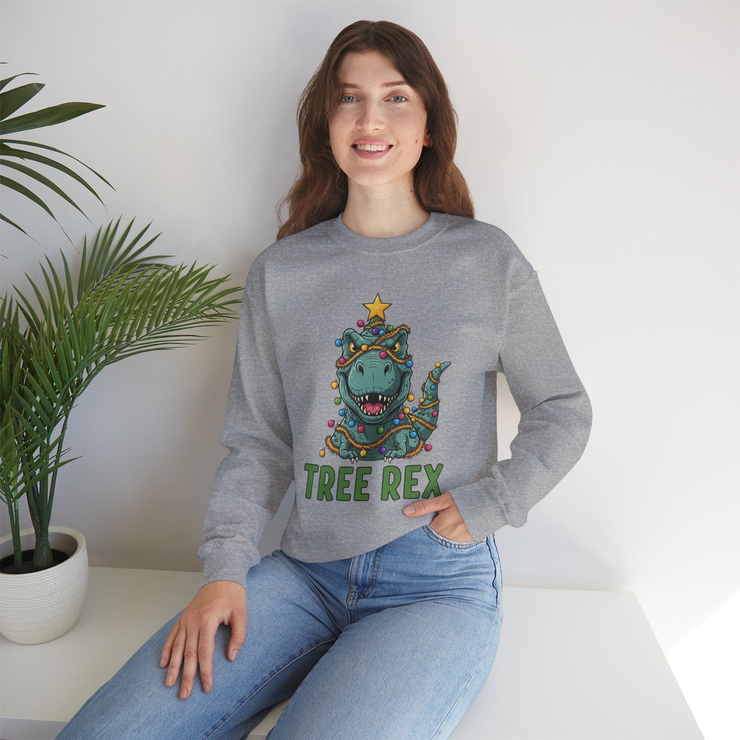 Tree Rex Christmas Sweatshirt, Funny Dinosaur Holiday Sweater, Cute T-Rex Christmas Crewneck, Festive Unisex Gift For Friends And Family