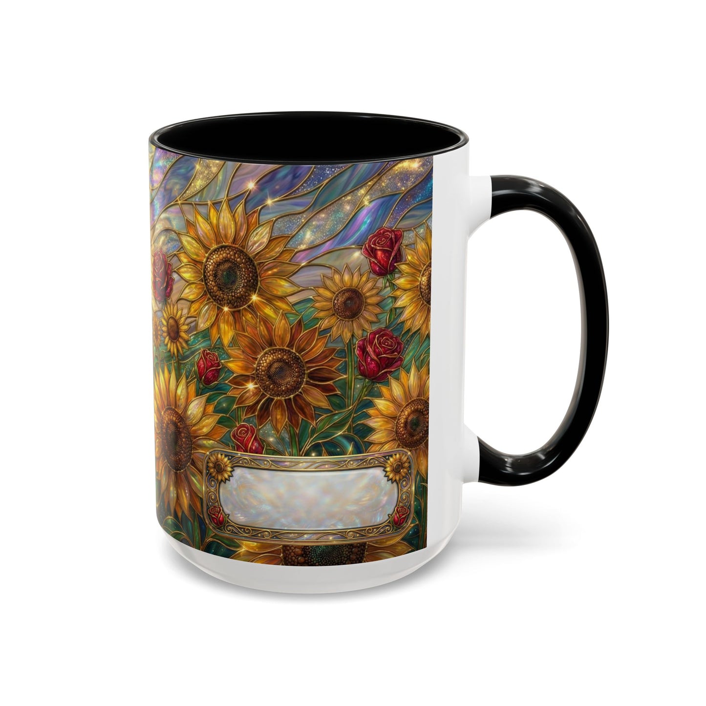 Personalized Stained Glass Sunflower Mug, Custom Red Rose Floral Coffee Cup, Celestial Night Sky Botanical Teacup, Gift For Flower Lover