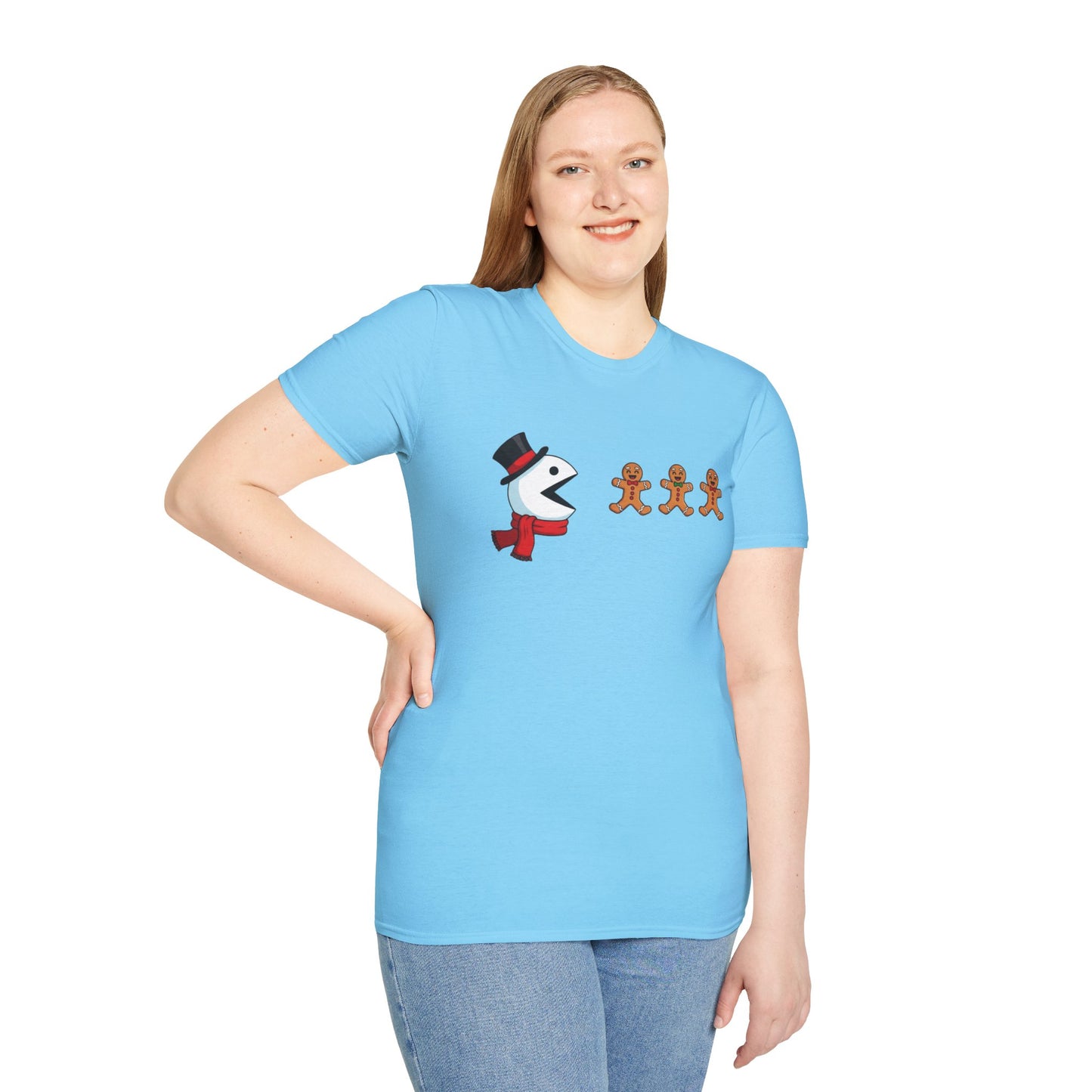 Snowman Pacman Christmas Shirt, Funny Gingerbread Men Tee, Cute Holiday Snowman T-Shirt, Christmas Humor Graphic Tee, Winter Holiday Shirt
