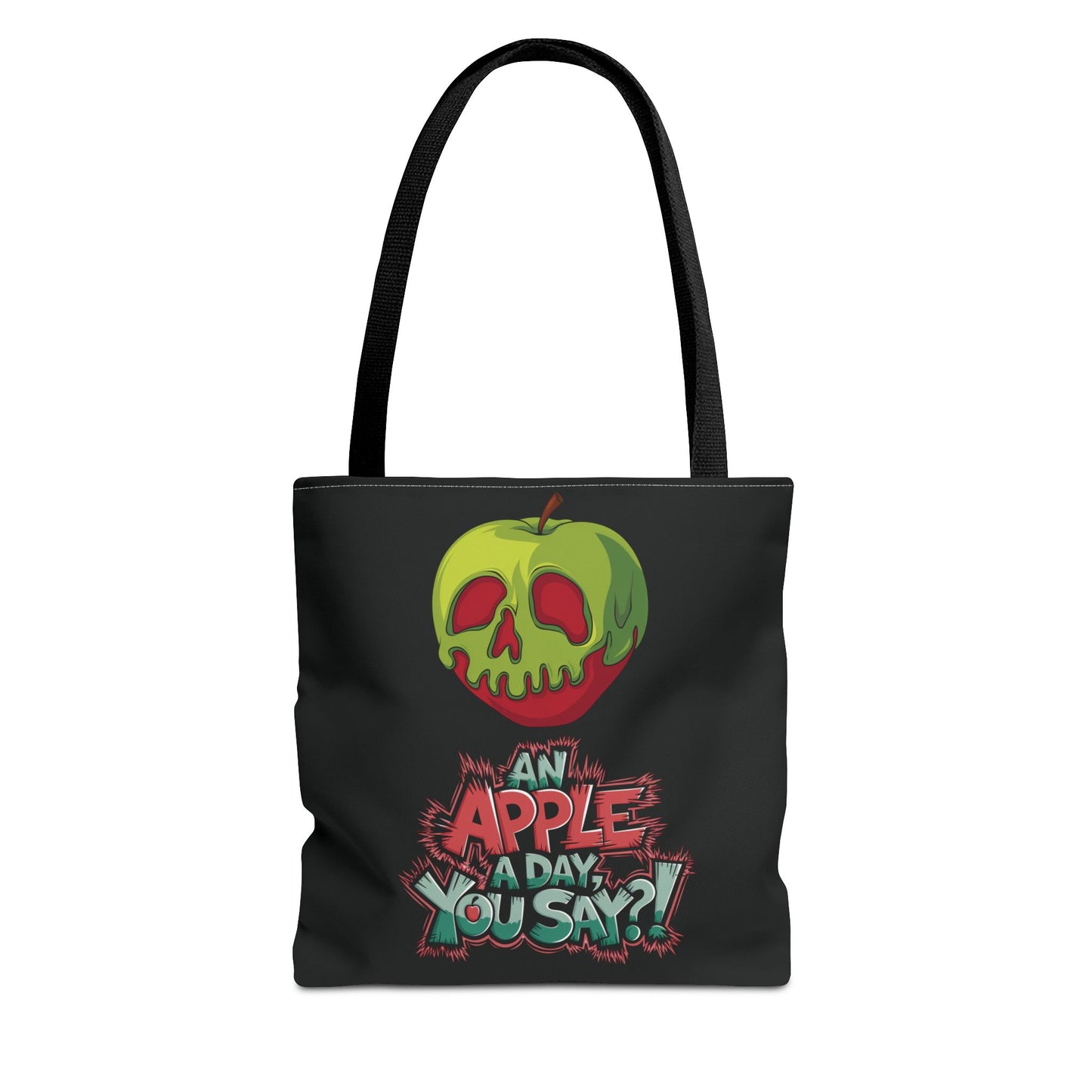 Spooky Halloween Tote Bag – Poison Apple Design – Funny Gothic Tote – Trick or Treat Bag – Creepy Apple Pun Gift – Black Tote Bag
