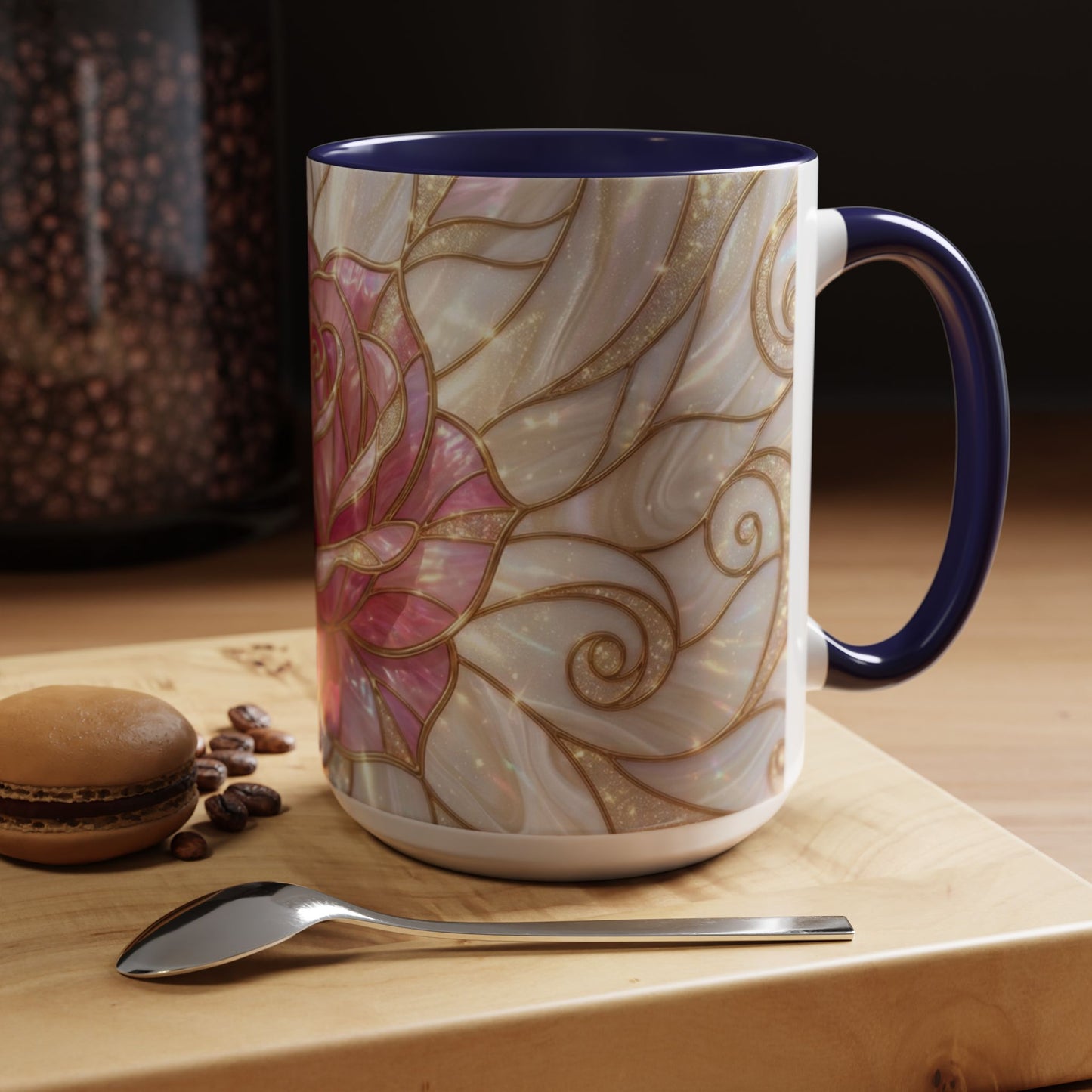 Pink Rose Stained Glass Mug, Gold Floral Coffee Cup, Romantic Flower Tea Cup, Gardener Gift For Mom, Botanical Art, Wife Birthday Gift