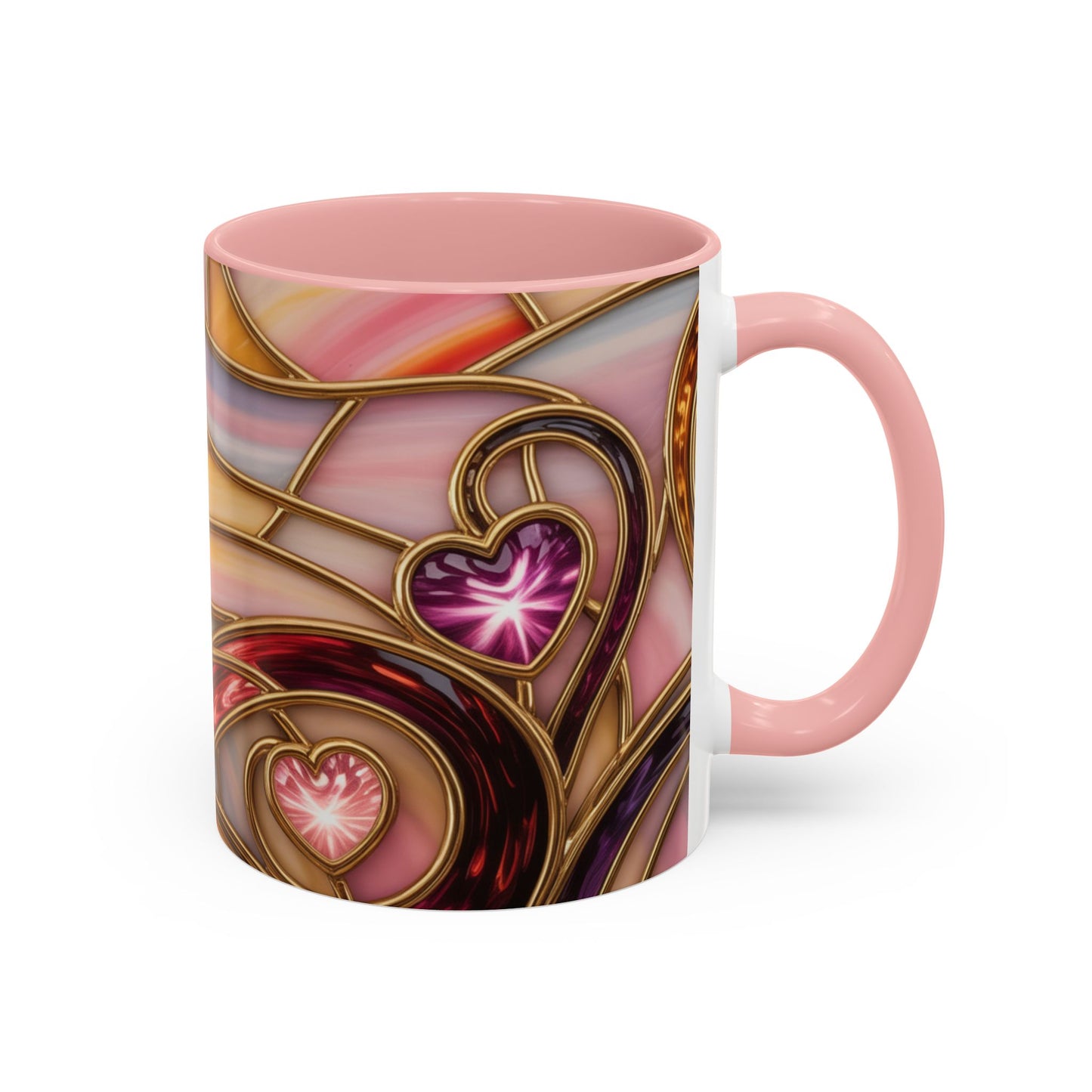 Stained Glass Heart Mug, Romantic Love Coffee Cup, Pink Red Gold Glass Style Mug, Valentine Gift For Her, Anniversary Wedding Decor