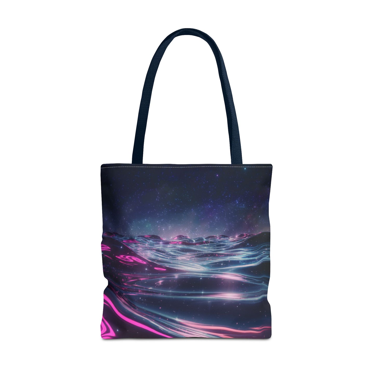 Neon Wave Horizon Tote Bag, Futuristic Ocean Design With Pink And Blue Light, Sci-Fi Aesthetic Reusable Tote For Travel, Gifts, And Everyday Use