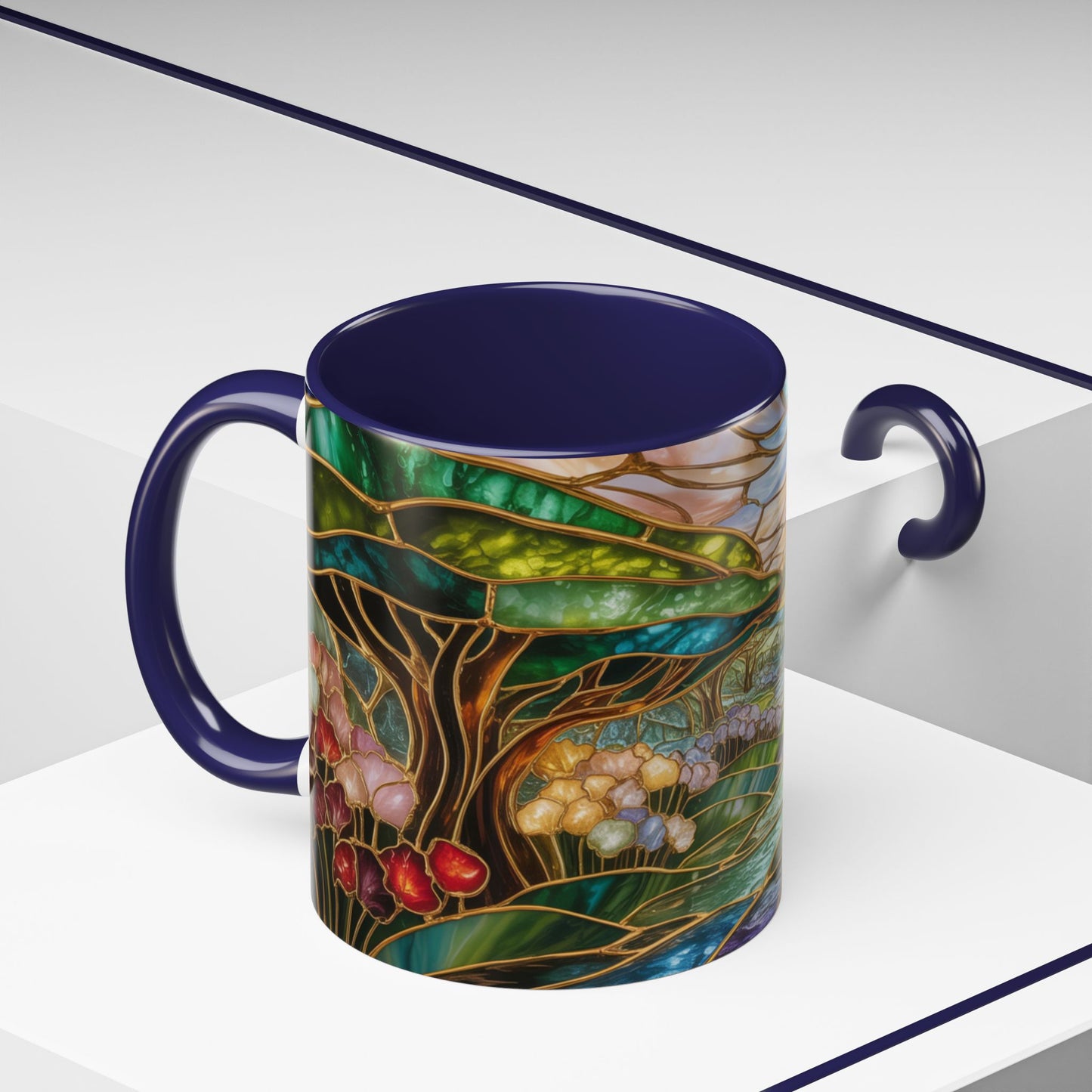 Stained Glass Woodland Forest Mug, Tree & Flowers Coffee Cup, Nature Lover Gift, Artistic Woodland Art Mug, Rustic Home Decor Mug