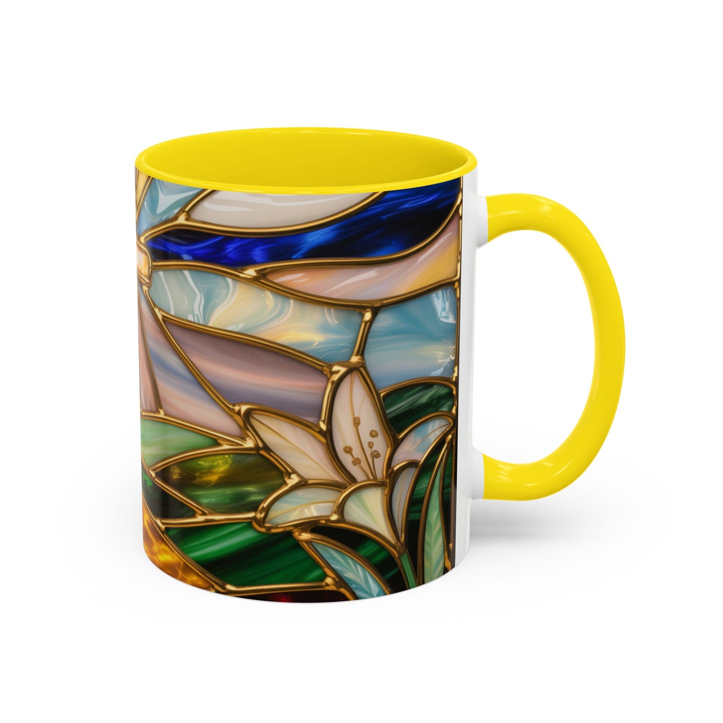 Stained Glass Cross Mug, Christian Sunrise Coffee Cup, Religious Floral Art Mug, Inspirational Faith Gift For Women, Colorful Stained Glass Design
