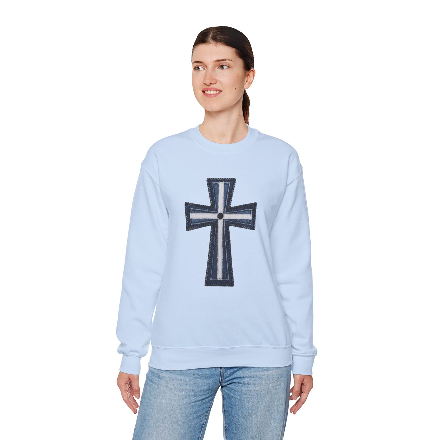 Faux Patchwork Cross Sweatshirt, Christian Patchwork Style Crewneck, Faith Gift for Women Men, Rustic Cross Sweatshirt, Religious Xmas Gift