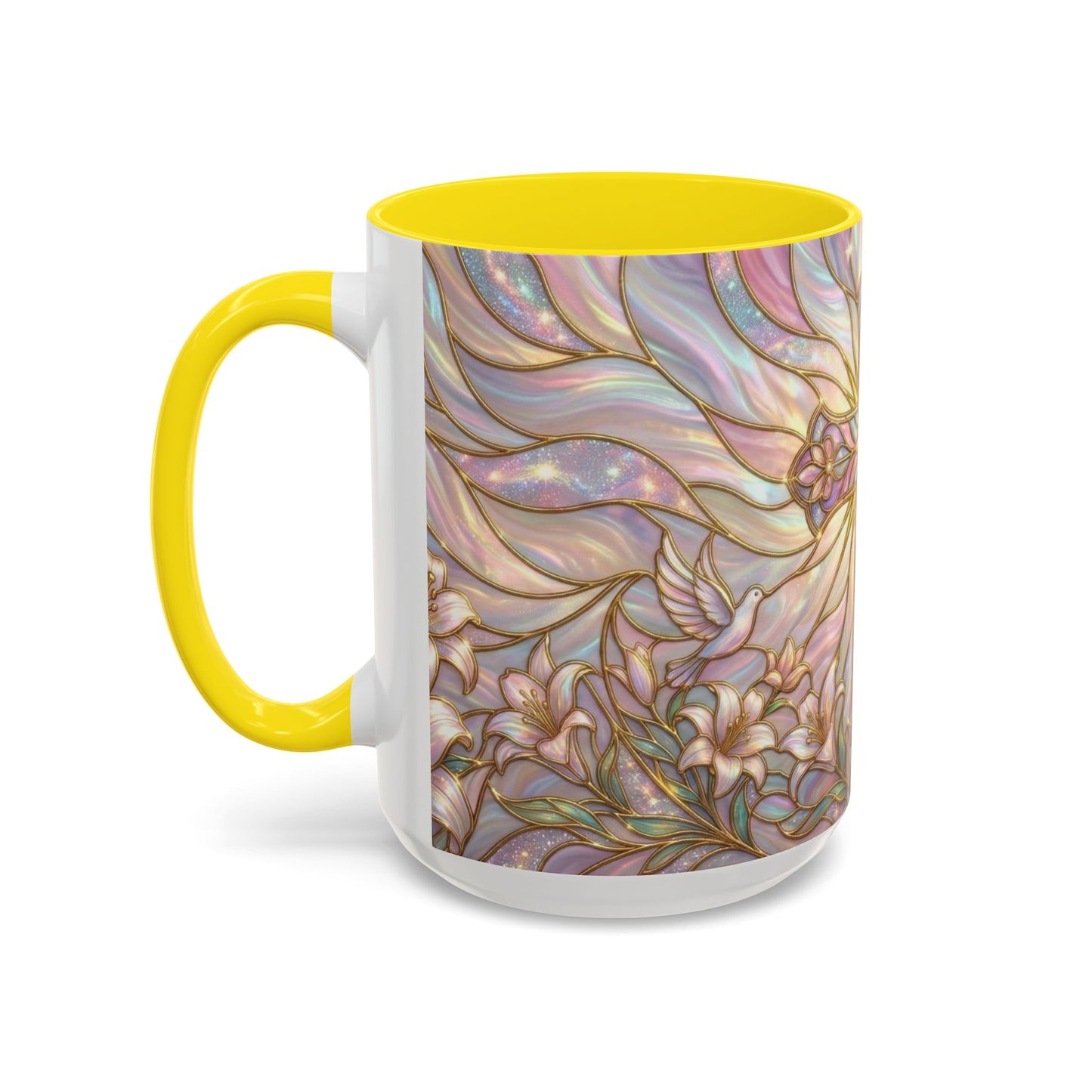 Stained Glass Cross Mug, Easter Lily Coffee Cup, Christian Gift for Women, Pastel Religious Drinkware, Dove and Faith Cup, Spiritual