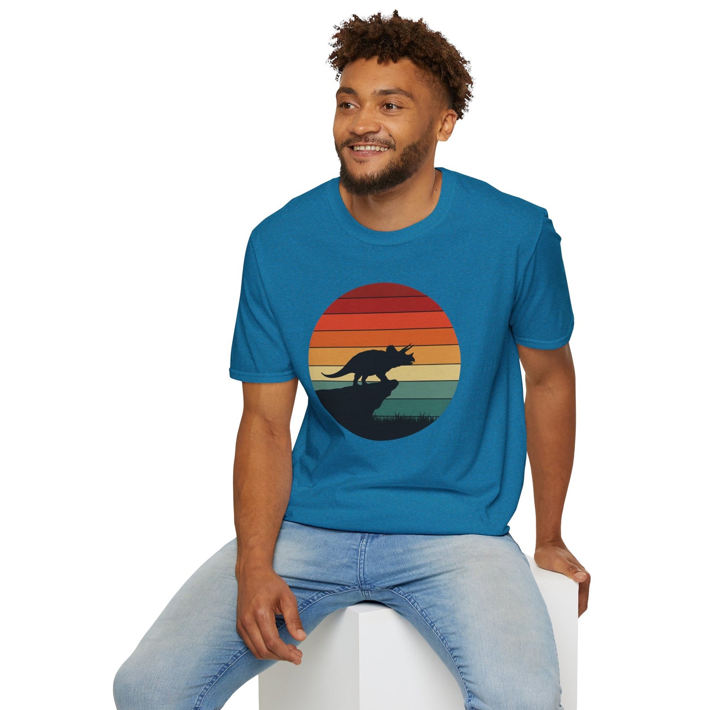 Retro Triceratops Sunset T-Shirt - Vintage Dino Graphic Tee - Unisex Softstyle Dinosaur Shirt - Nature and Prehistoric Lover Gift