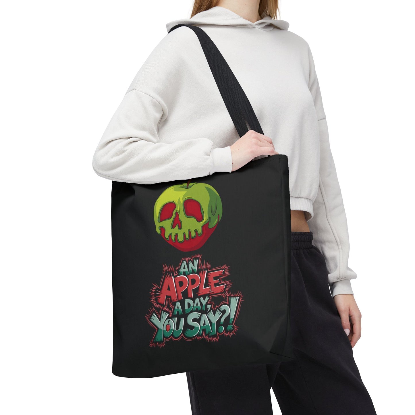 Spooky Halloween Tote Bag – Poison Apple Design – Funny Gothic Tote – Trick or Treat Bag – Creepy Apple Pun Gift – Black Tote Bag