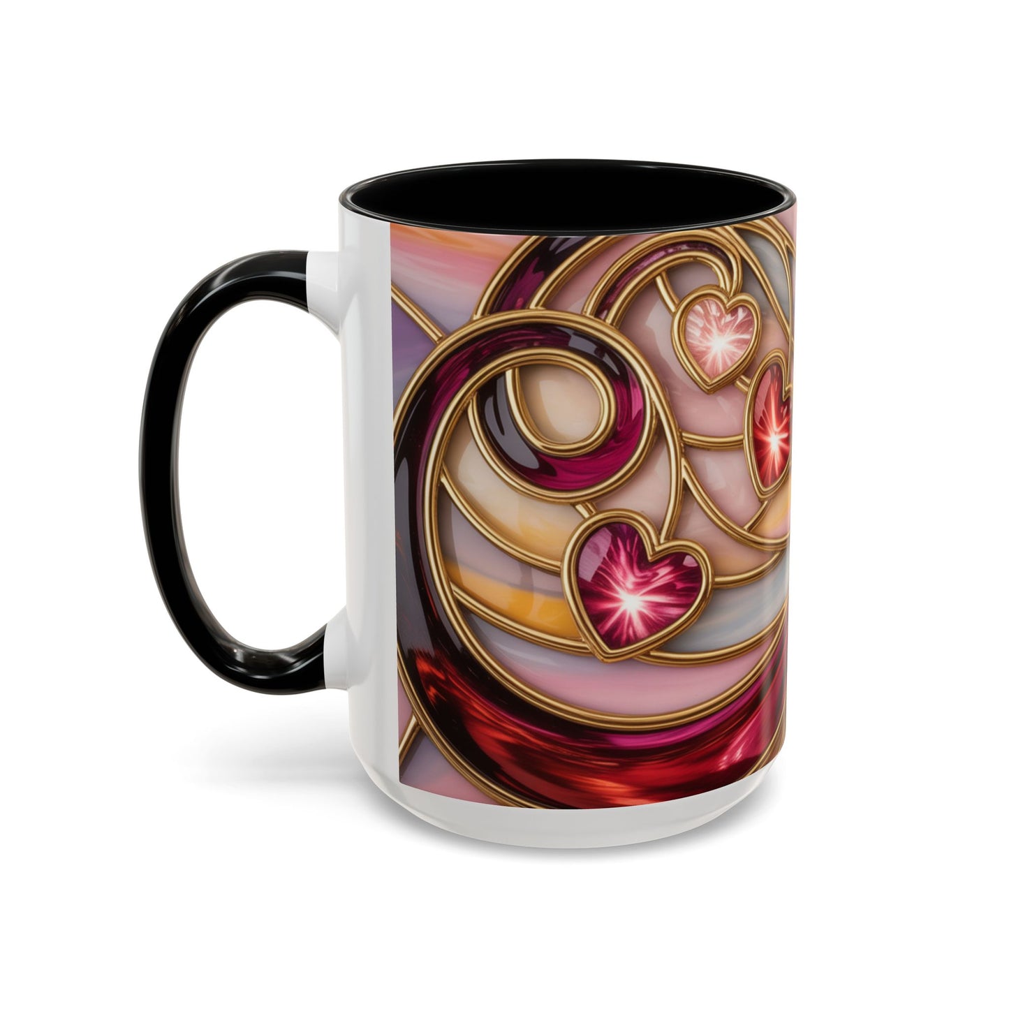 Stained Glass Heart Mug, Romantic Love Coffee Cup, Pink Red Gold Glass Style Mug, Valentine Gift For Her, Anniversary Wedding Decor