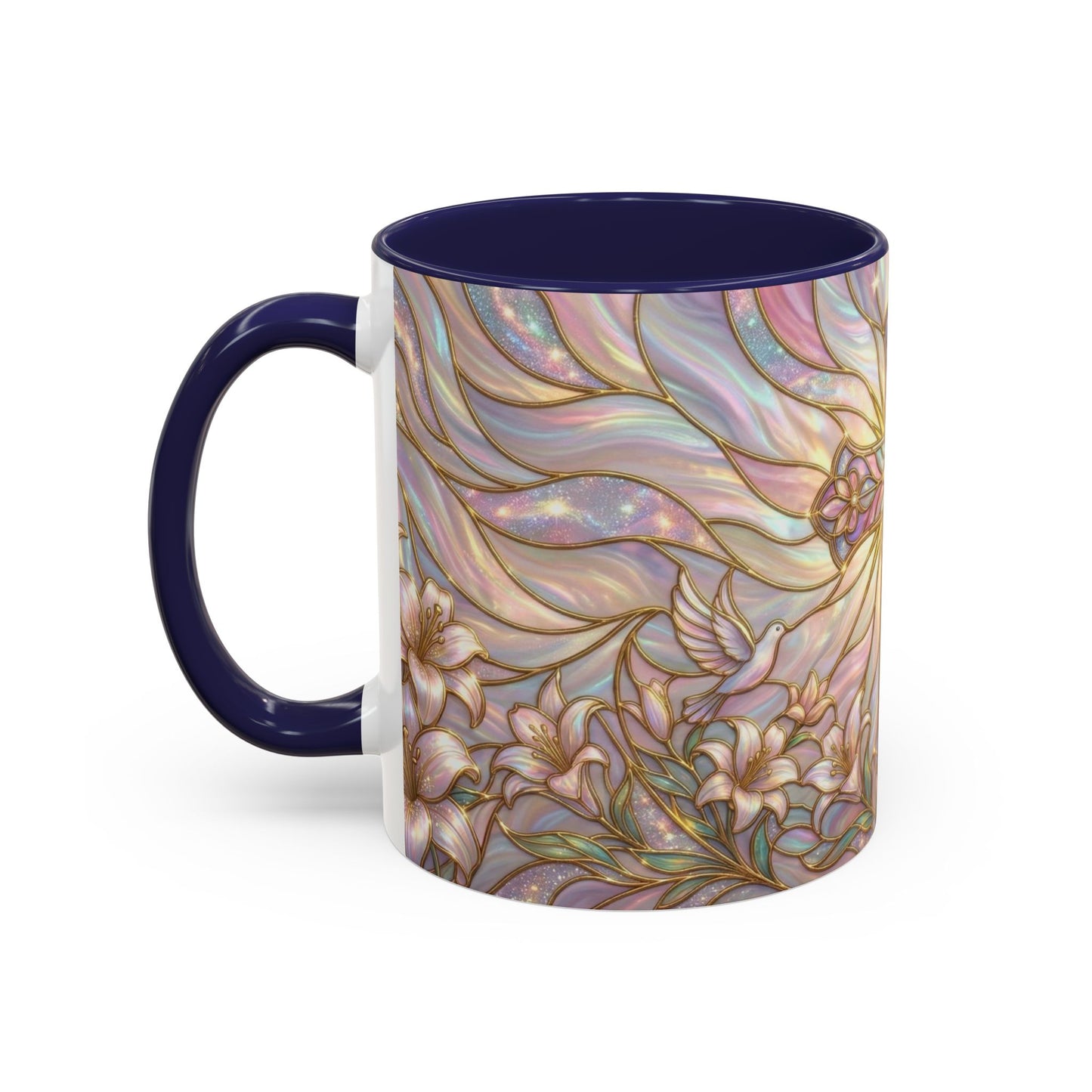 Stained Glass Cross Mug, Easter Lily Coffee Cup, Christian Gift for Women, Pastel Religious Drinkware, Dove and Faith Cup, Spiritual