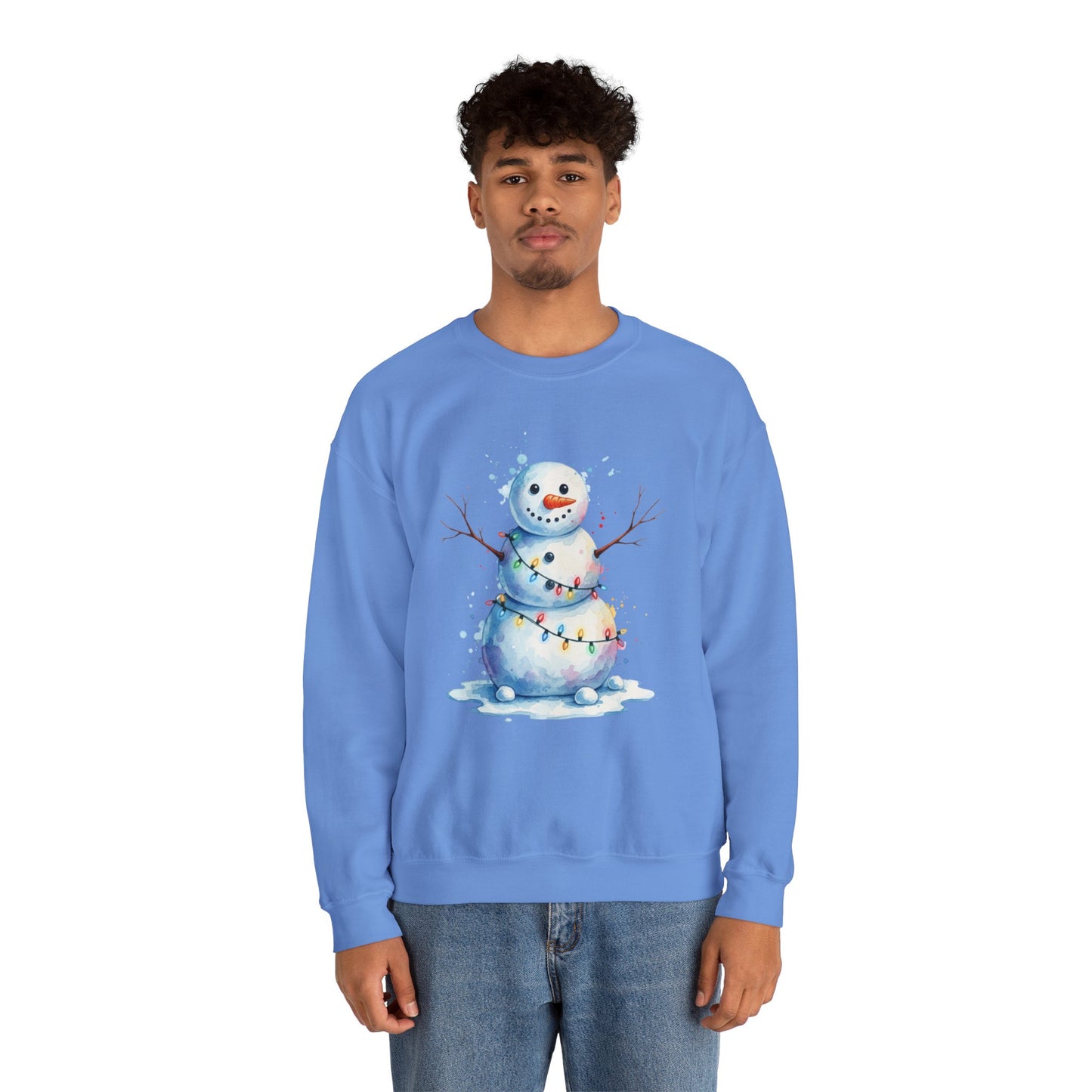 Watercolor Snowman Christmas Sweatshirt, Cute Snowman Crewneck for Winter, Holiday Lights Snowman Sweater, Cozy Unisex Christmas Gift