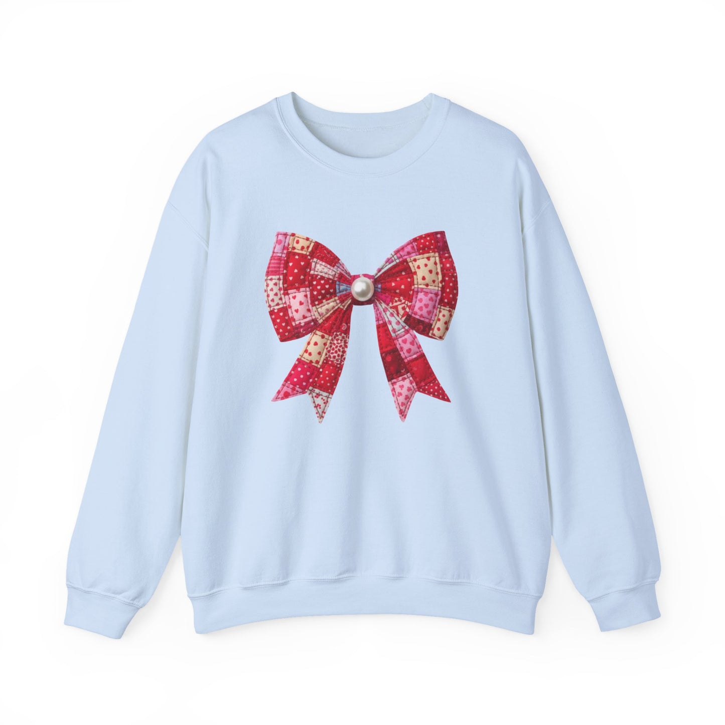 Faux Patchwork Bow Sweatshirt, Quilted Look Bow Crewneck, Pearl Bow Pullover, Cozy Coquette Sweatshirt, Girly Valentine Gift