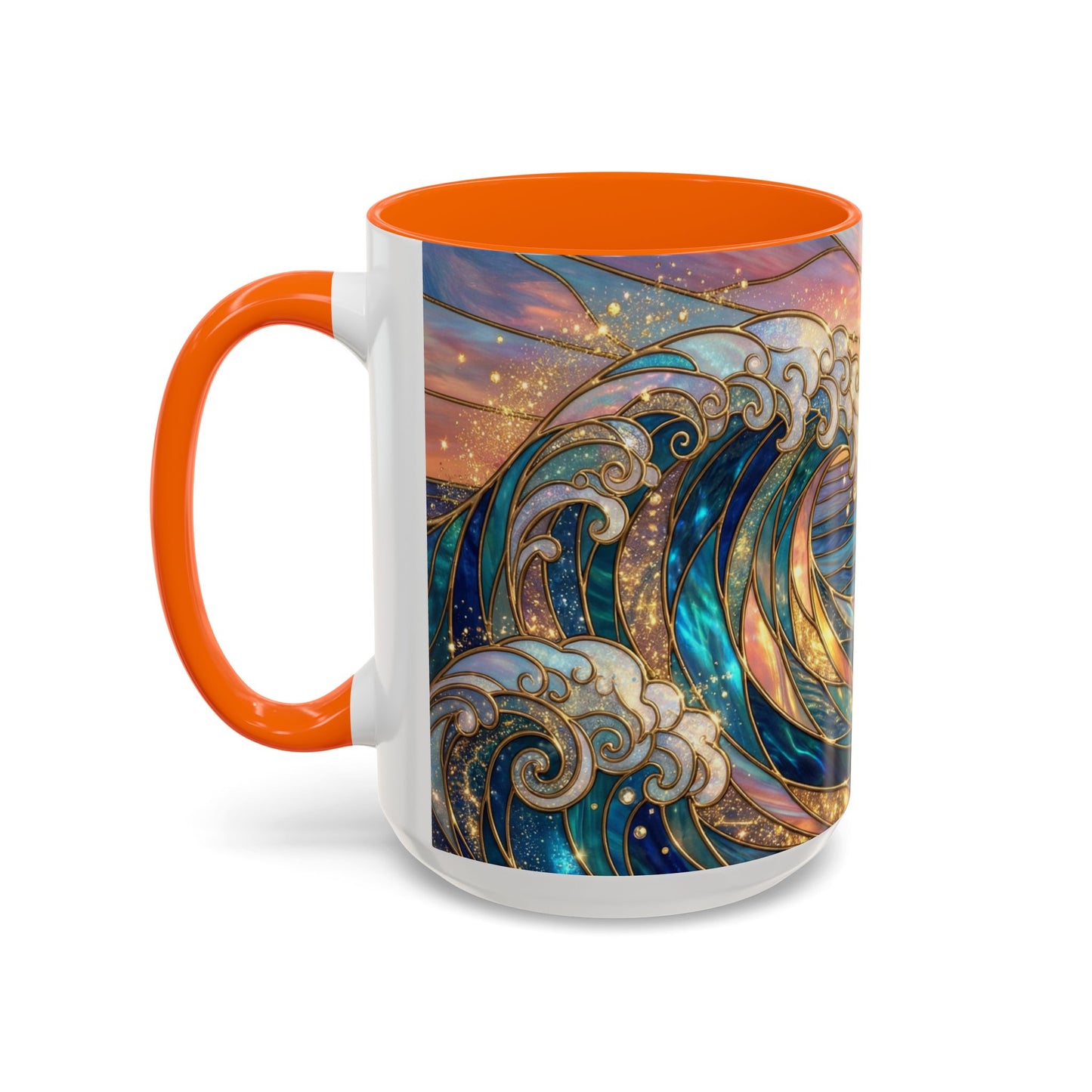 Stained Glass Ocean Wave Mug, Sunrise Beach Coffee Cup, Japanese Art Gift, Coastal Decor Kitchen, Mosaic Sea Tea Cup, Blue Gold Nature Lover