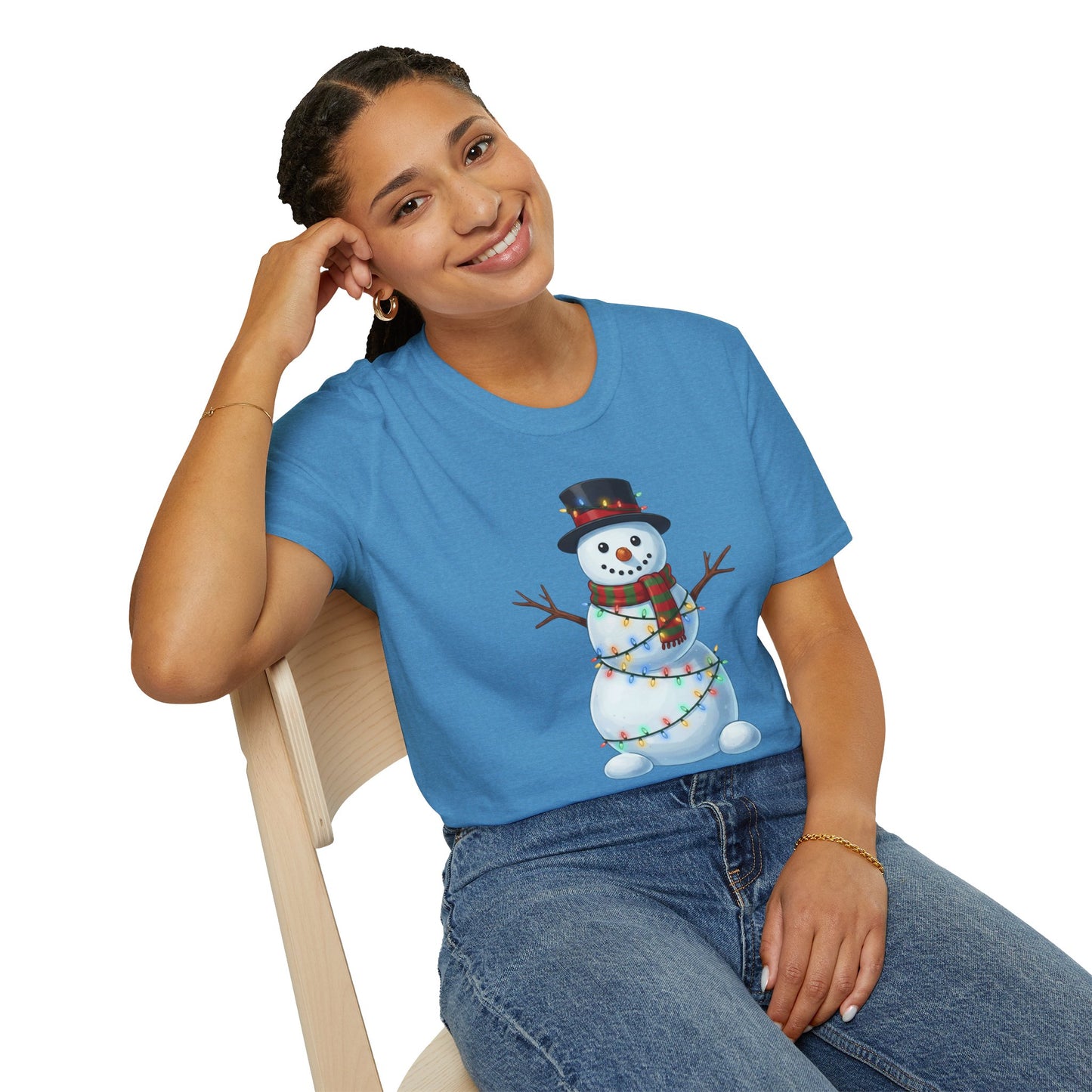 Cute Snowman Christmas Shirt, Snowman Wrapped in Christmas Lights Tee, Holiday Winter Snowman Top Hat Shirt, Funny Cozy Christmas T Shirt