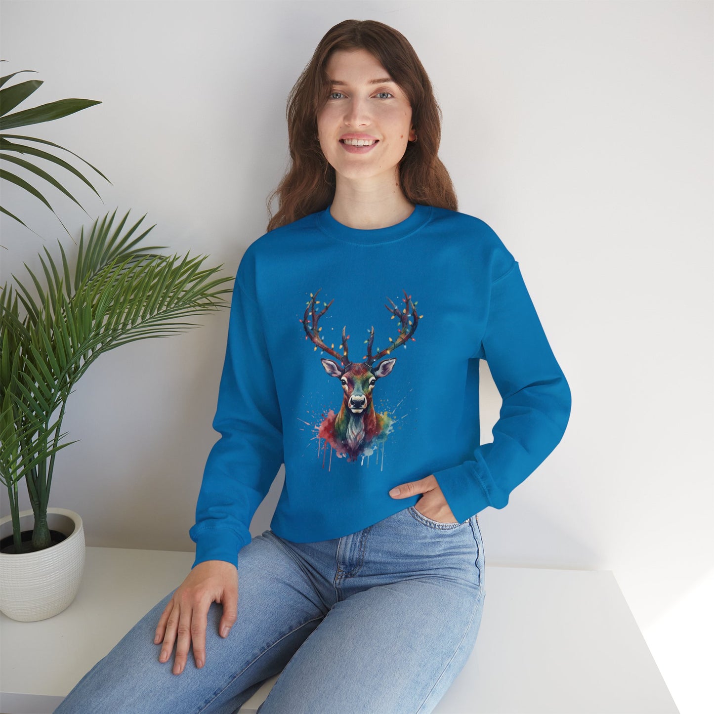 Colorful Reindeer Christmas Sweatshirt, Holiday Deer Lights Sweater, Watercolor Winter Crewneck, Festive Cozy Gift For Him Or Her