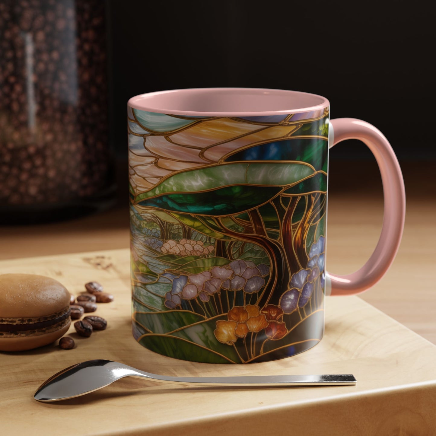 Stained Glass Woodland Forest Mug, Tree & Flowers Coffee Cup, Nature Lover Gift, Artistic Woodland Art Mug, Rustic Home Decor Mug