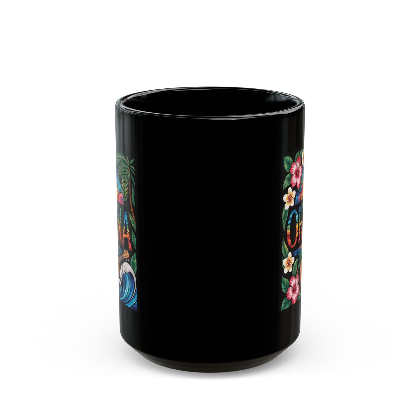 Ohana Mug Hawaiian Coffee Cup Tropical Sunset, Hibiscus Flowers, Ukulele, Aloha Gift