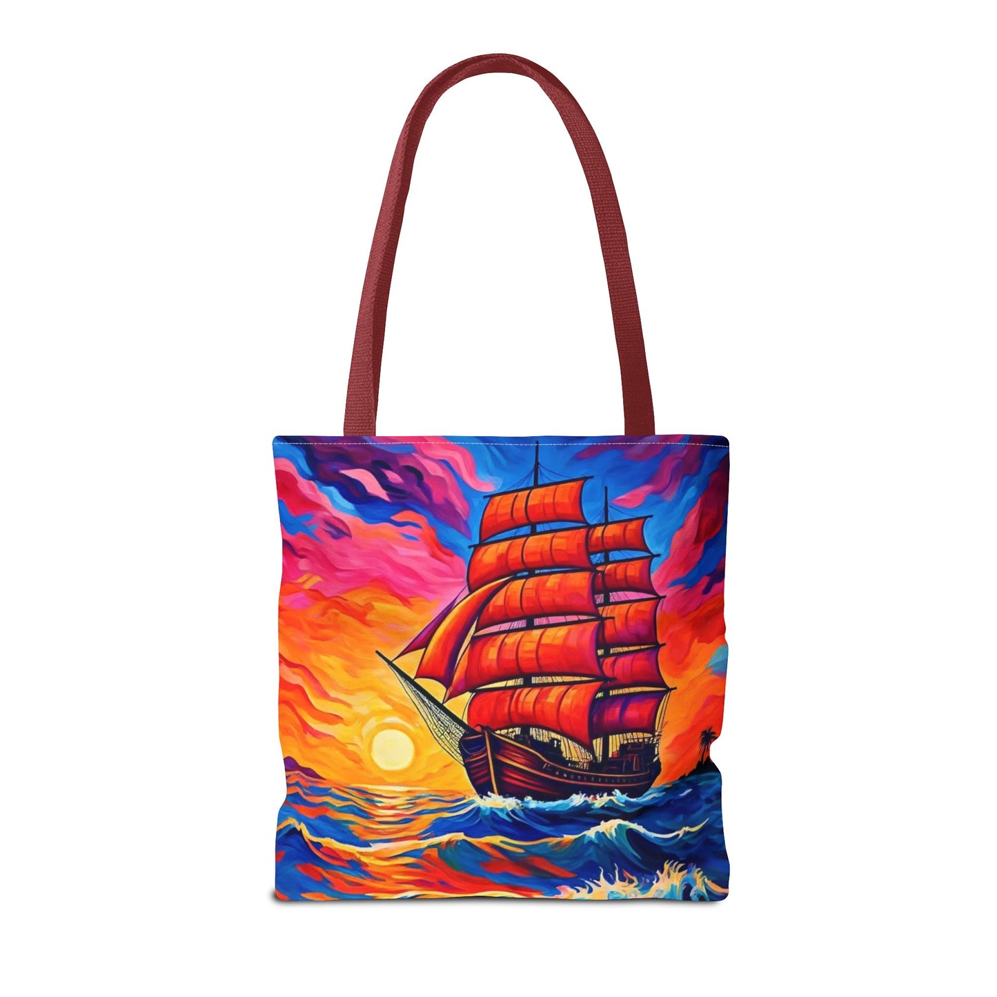 Crimson Voyage Tote Bag, Red Sailboat At Sunset Artistic Ocean Design, Nautical Reusable Tote For Beach, Travel, And Everyday Use