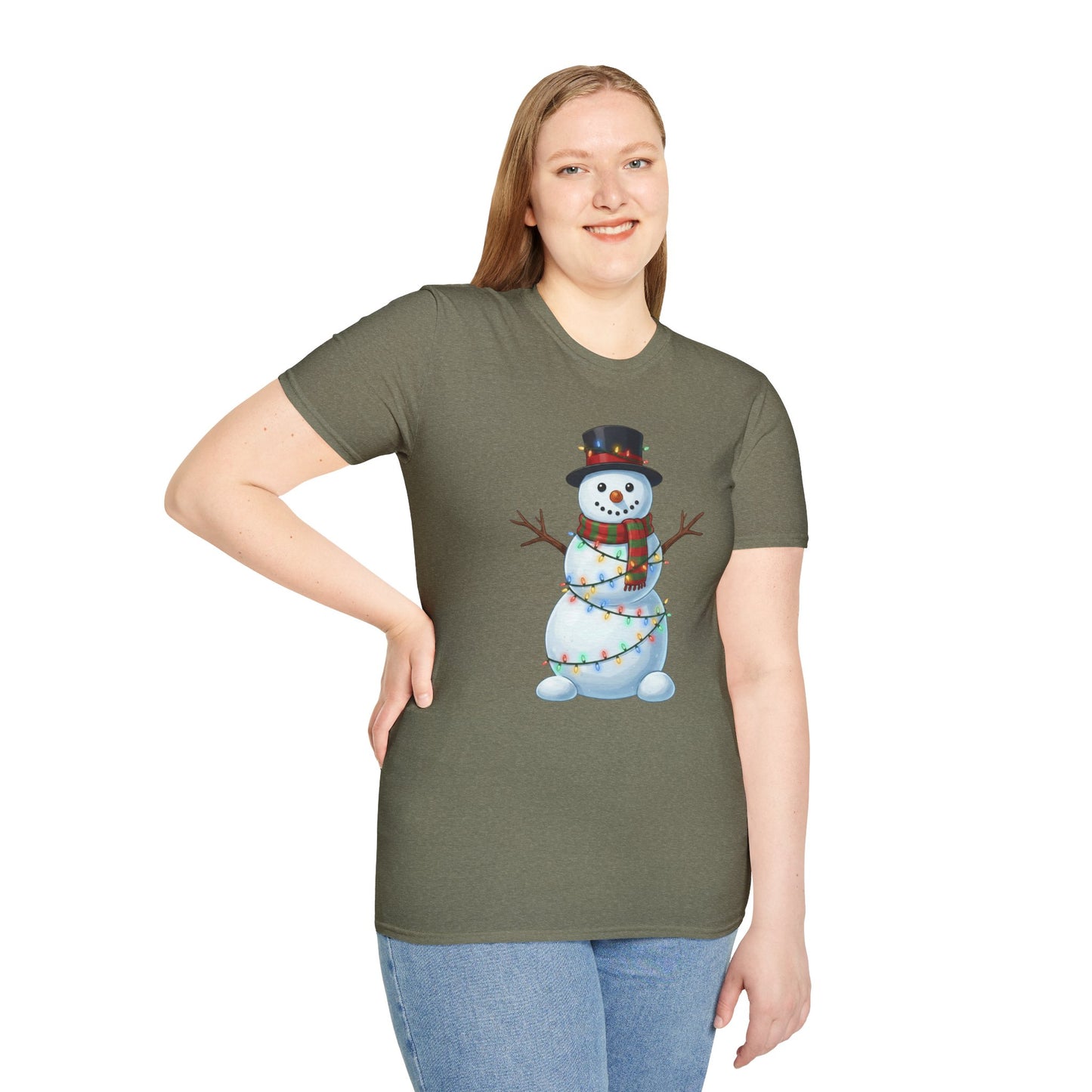 Cute Snowman Christmas Shirt, Snowman Wrapped in Christmas Lights Tee, Holiday Winter Snowman Top Hat Shirt, Funny Cozy Christmas T Shirt
