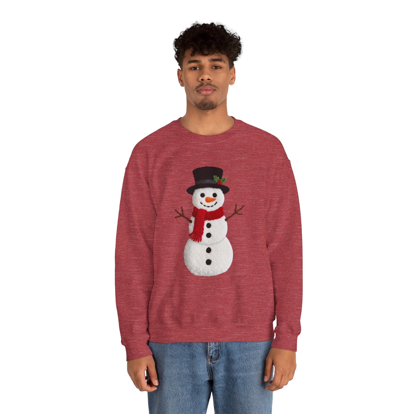 Faux Patchwork Crochet Snowman Sweatshirt, Winter Snowman Crewneck, Cozy Holiday Sweater, Christmas Sweatshirt, Festive Winter Shirt, unisex gift