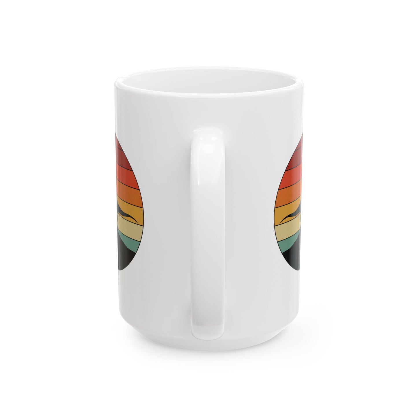 Retro Sunset Dinosaur Mug – Velociraptor Silhouette on Vintage Stripes, Jurassic Coffee Cup, Prehistoric Art Ceramic Mug, Dinosaur Lover Gift