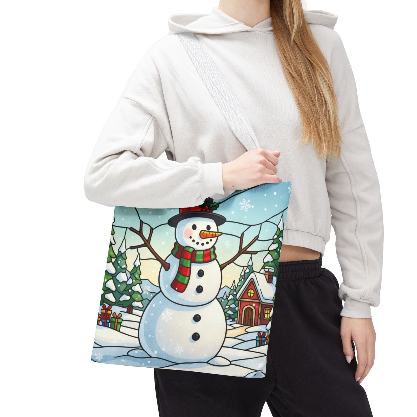 Stained Glass Snowman Christmas Tote Bag, Holiday Art Tote, Festive Winter Gift Bag, Colorful Christmas Scene Reusable Shopping Bag