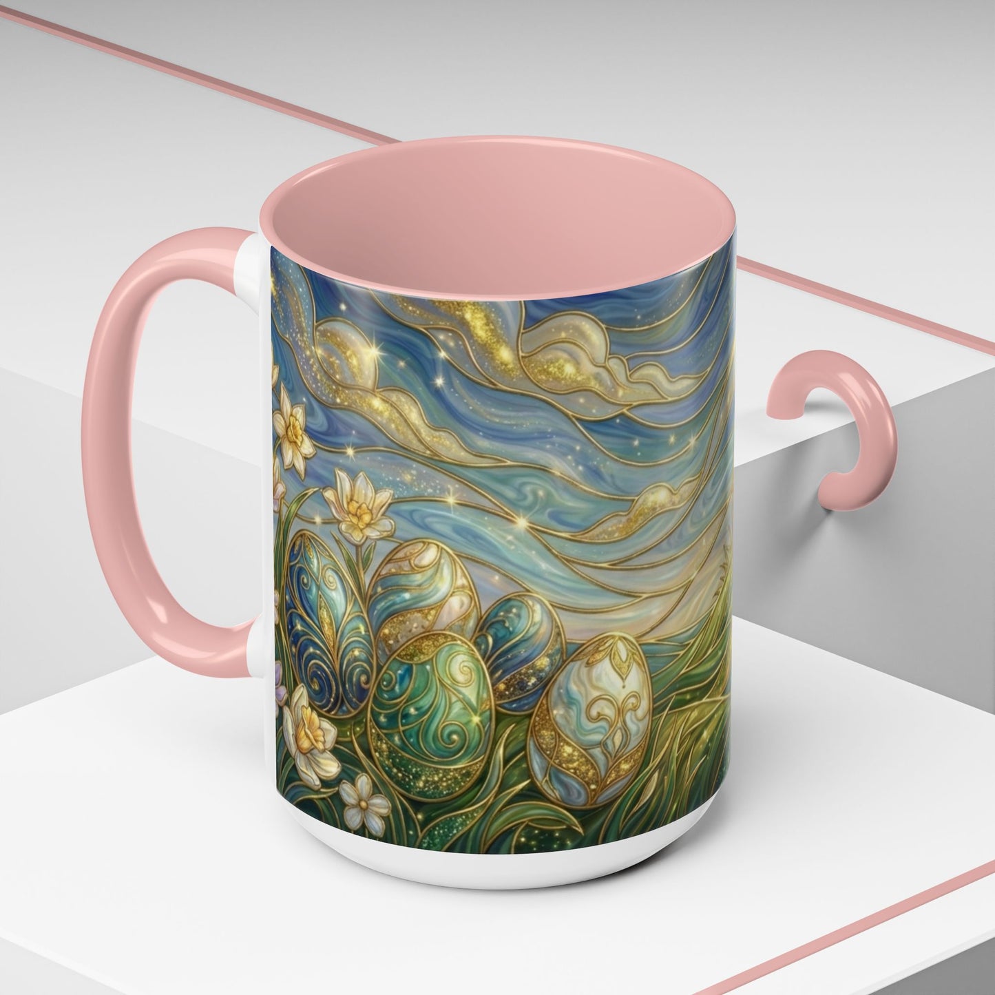 Stained Glass Easter Egg Mug, Magical Spring Floral Coffee Cup, Art Nouveau Fantasy Teacup, Elegant Celestial Starry Sky Mug Gift Idea
