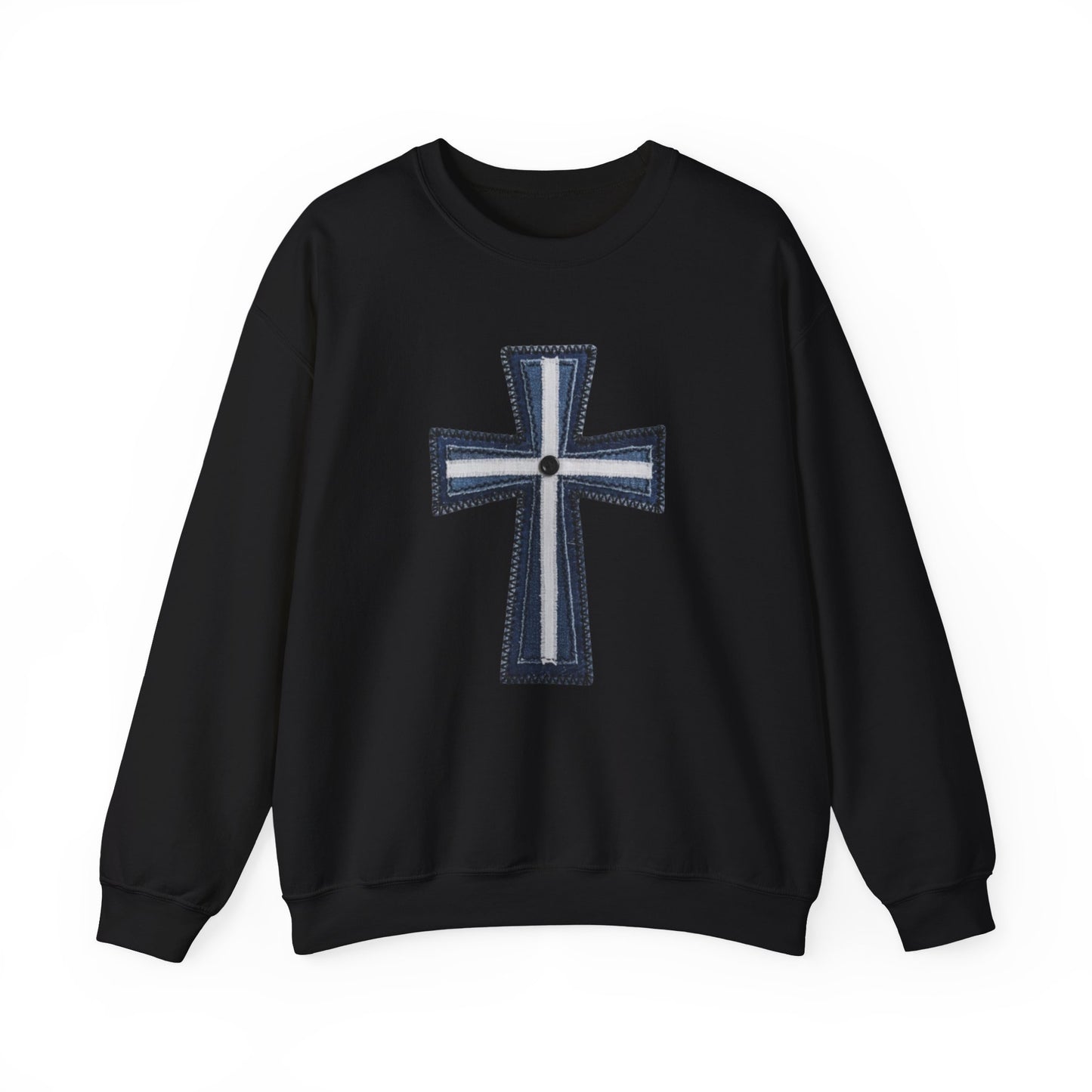 Faux Patchwork Cross Sweatshirt, Christian Patchwork Style Crewneck, Faith Gift for Women Men, Rustic Cross Sweatshirt, Religious Xmas Gift