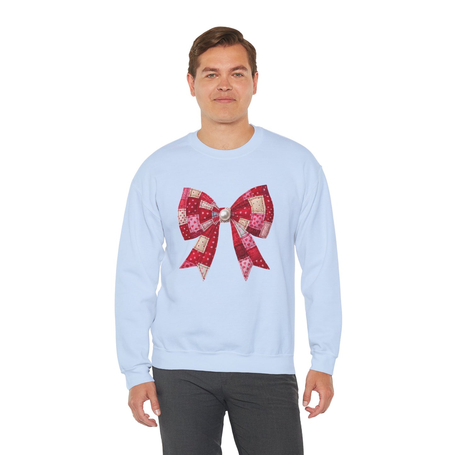 Faux Patchwork Bow Sweatshirt, Quilted Look Bow Crewneck, Pearl Center Bow Pullover, Cozy Coquette Sweatshirt, Girly Gift