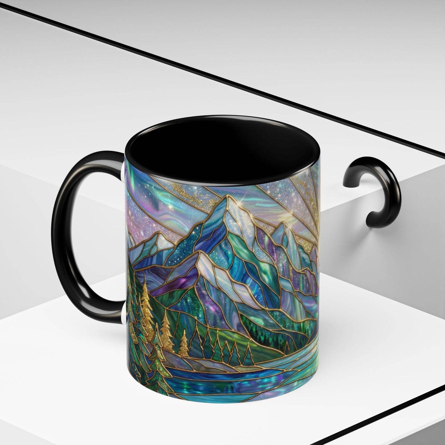 Stained Glass Mountain Mug, Mountain Landscape Coffee Cup, Galaxy Sky Nature Ceramic Mug, Sunrise River Forest Art, 11oz 15oz Gift