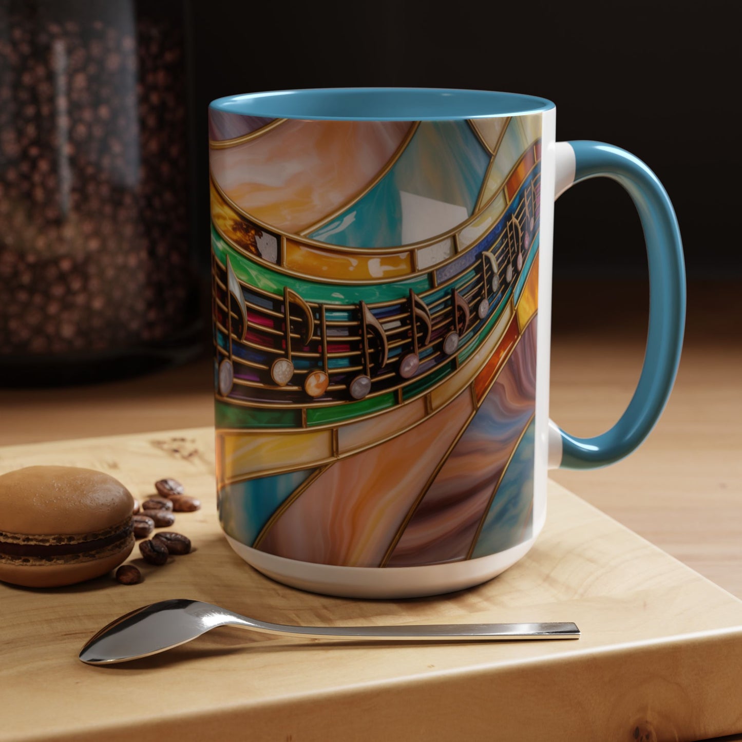 Stained glass music mug, musical notes coffee cup, colorful musician gift mug, music lover present, treble clef art mug, music teacher gift