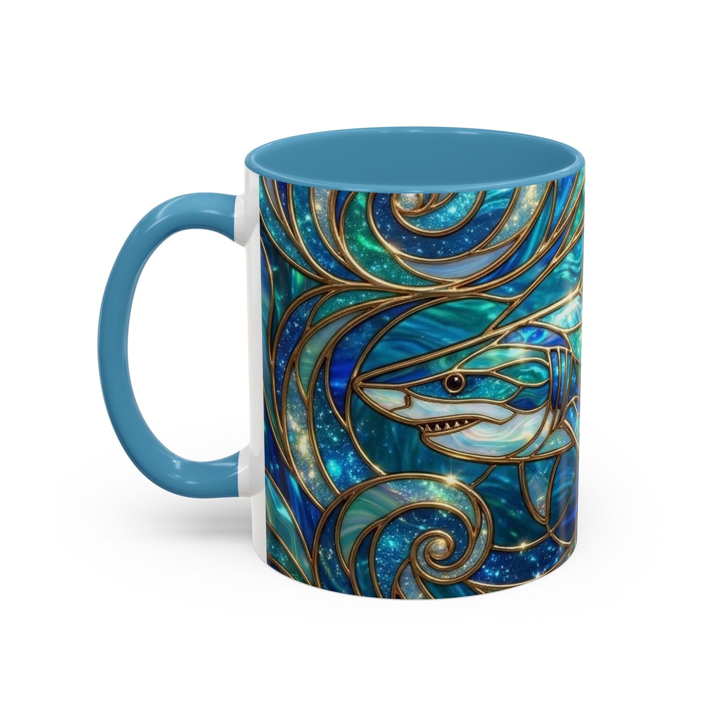 Stained Glass Shark Mug, Ocean Art Coffee Cup, Blue Shark Gift, Sea Life Ceramic Mug, Artistic Shark Design, Marine Lover Gift, Unique Ocean Mug