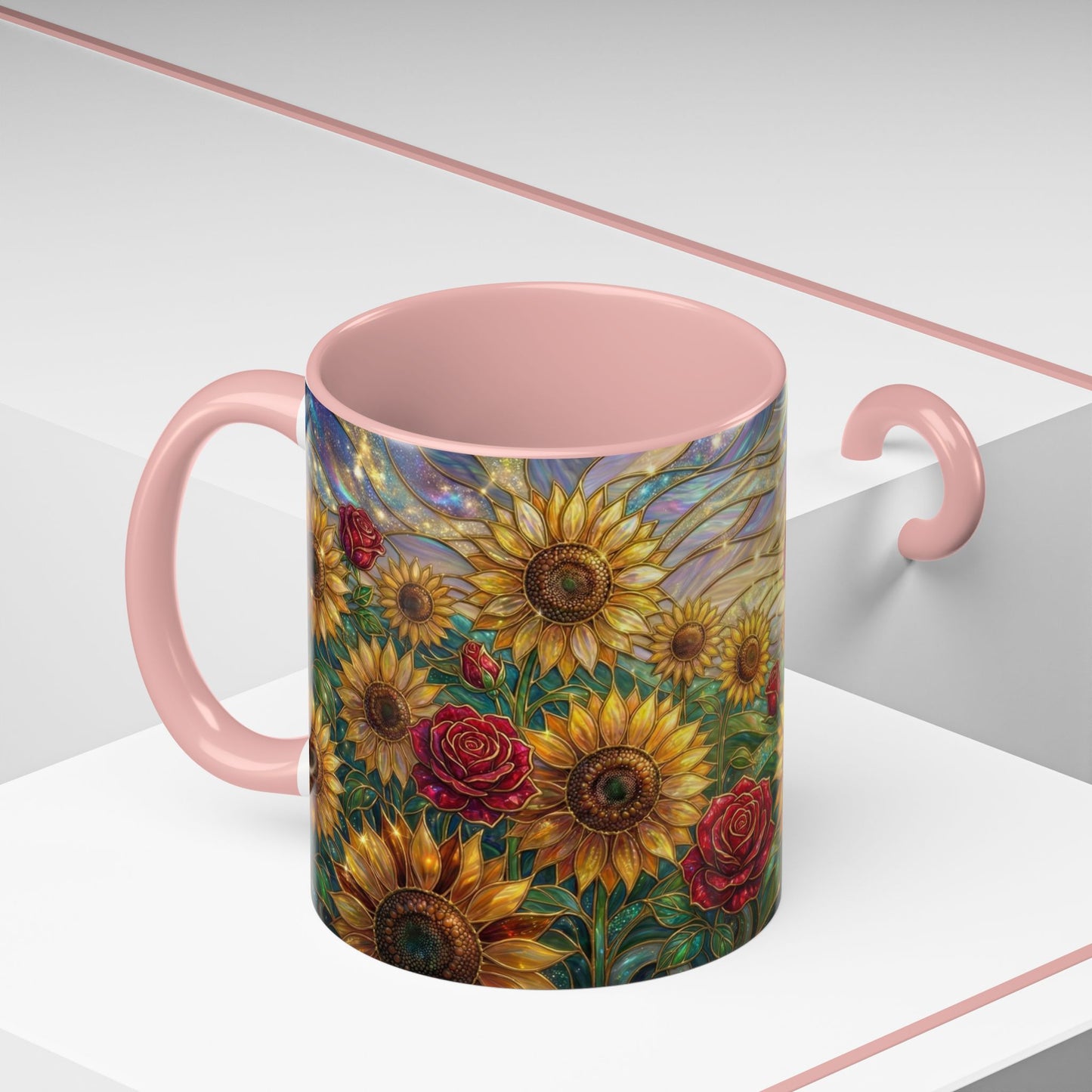Personalized Stained Glass Sunflower Mug, Custom Red Rose Floral Coffee Cup, Celestial Night Sky Botanical Teacup, Gift For Flower Lover