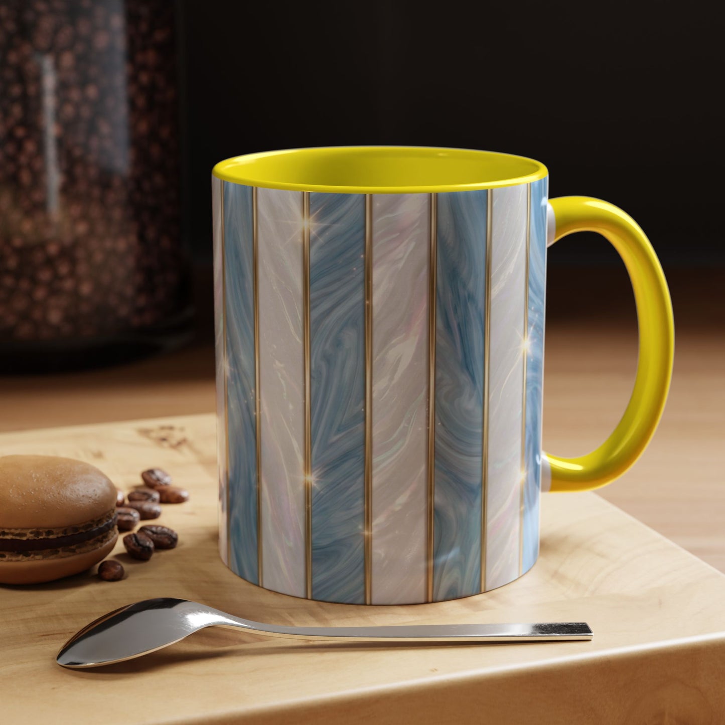 Faux Stained Glass Mug, Blue Pearlescent Coffee Cup, Art Deco Stained Glass Decor, Elegant Gold Stripe Teacup, Unique Art Gift For Her