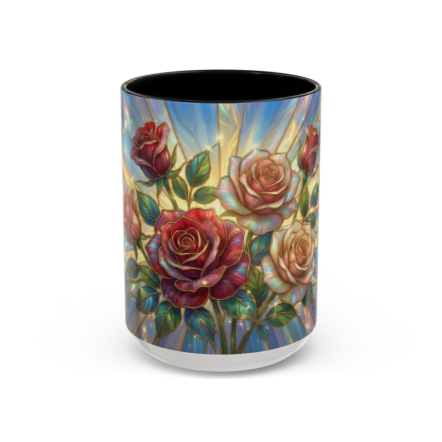 Stained Glass Rose Mug, Floral Art Coffee Cup, Elegant Rose Flower Mug, Blue Gold Glass Style Design, Romantic Gift For Her Decor